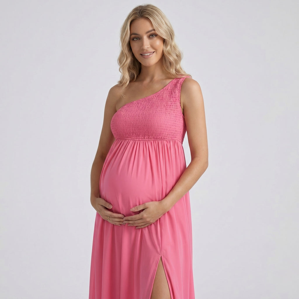 Anna-Kaci Women's One Shoulder Maternity Maxi Dress with Smocked Bodice and Flowing Skirt