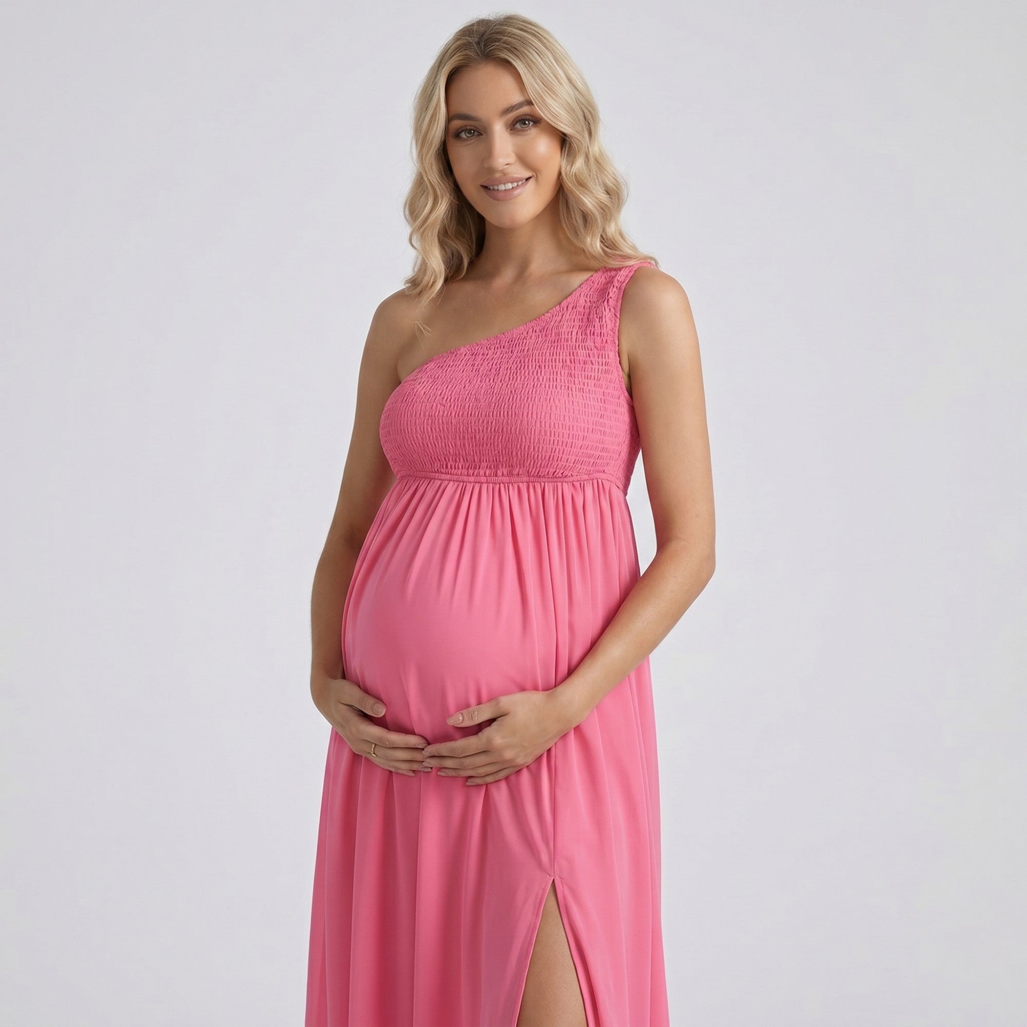 Anna-Kaci Women's One Shoulder Maternity Maxi Dress with Smocked Bodice and Flowing Skirt