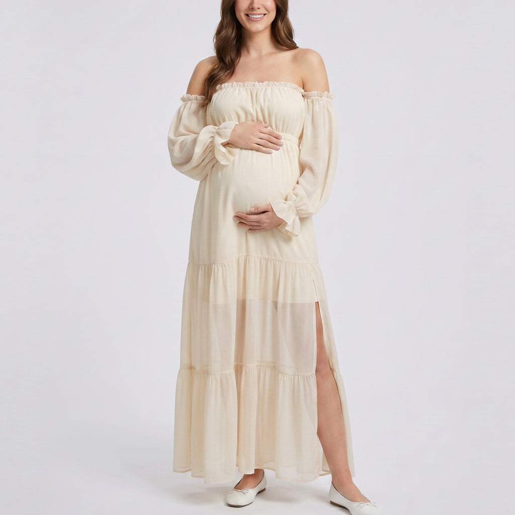 Anna-Kaci Women's Off Shoulder Maternity Maxi Dress with Sheer Long Sleeves and Tiered Skirt