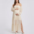 Anna-Kaci Women's Off Shoulder Maternity Maxi Dress with Sheer Long Sleeves and Tiered Skirt