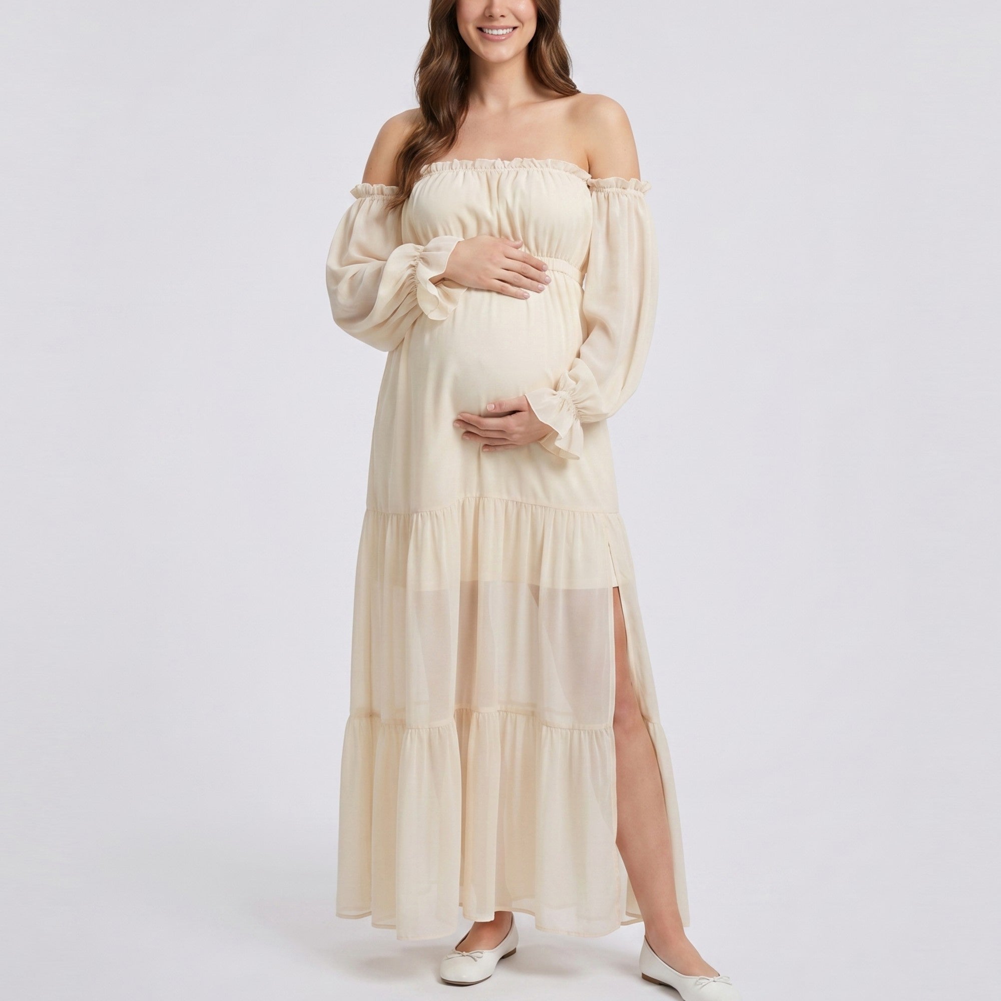 Anna-Kaci Women's Off Shoulder Maternity Maxi Dress with Sheer Long Sleeves and Tiered Skirt