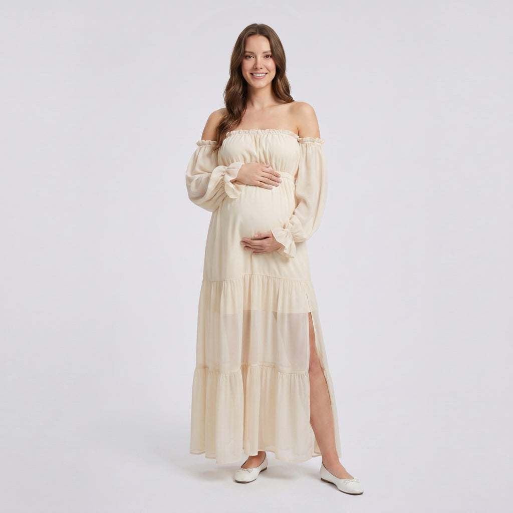 Anna-Kaci Women's Off Shoulder Maternity Maxi Dress with Sheer Long Sleeves and Tiered Skirt