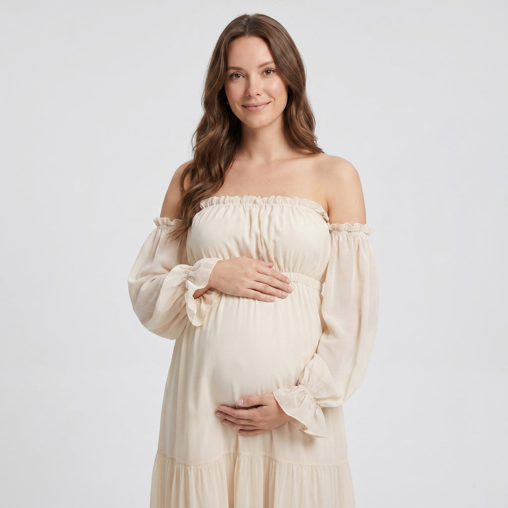 Anna-Kaci Women's Off Shoulder Maternity Maxi Dress with Sheer Long Sleeves and Tiered Skirt