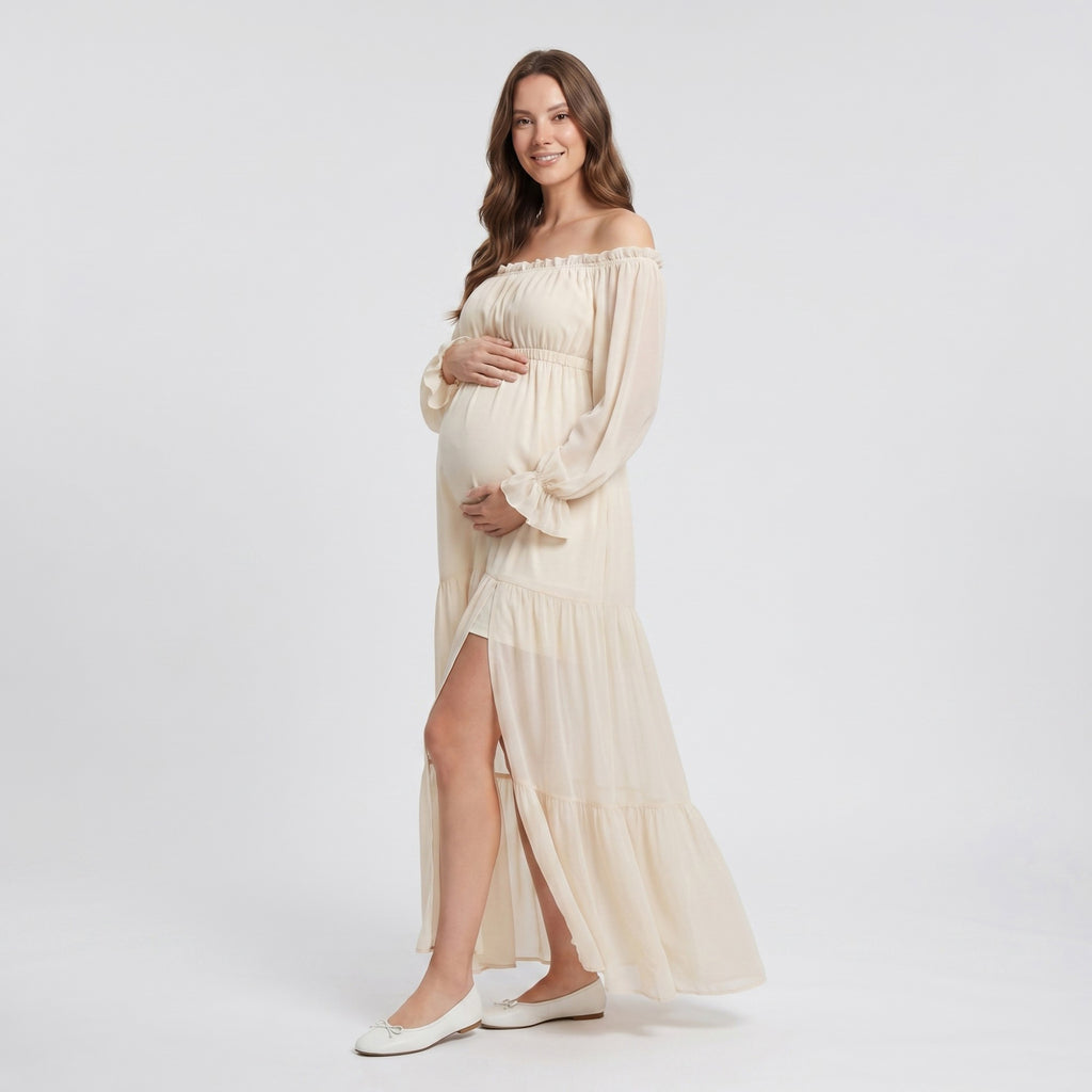 Anna-Kaci Women's Off Shoulder Maternity Maxi Dress with Sheer Long Sleeves and Tiered Skirt