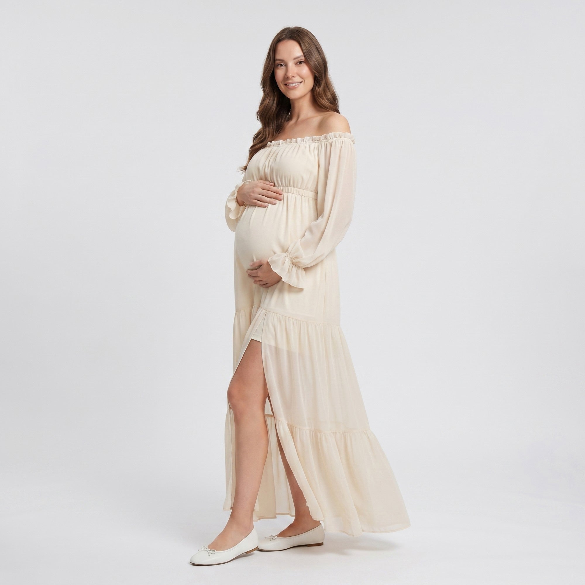 Anna-Kaci Women's Off Shoulder Maternity Maxi Dress with Sheer Long Sleeves and Tiered Skirt