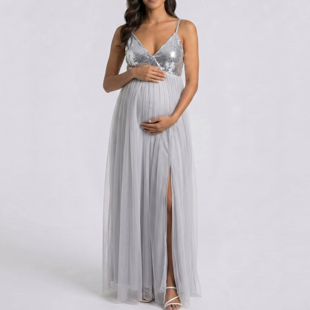 Anna-Kaci Women's Sequin Bodice Maternity Maxi Dress with Tulle Skirt and Front Slit
