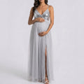 Anna-Kaci Women's Sequin Bodice Maternity Maxi Dress with Tulle Skirt and Front Slit
