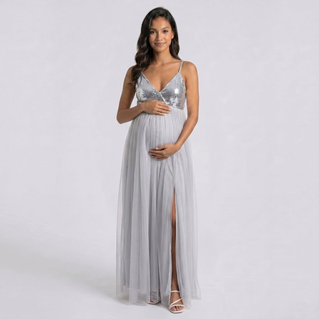 Anna-Kaci Women's Sequin Bodice Maternity Maxi Dress with Tulle Skirt and Front Slit
