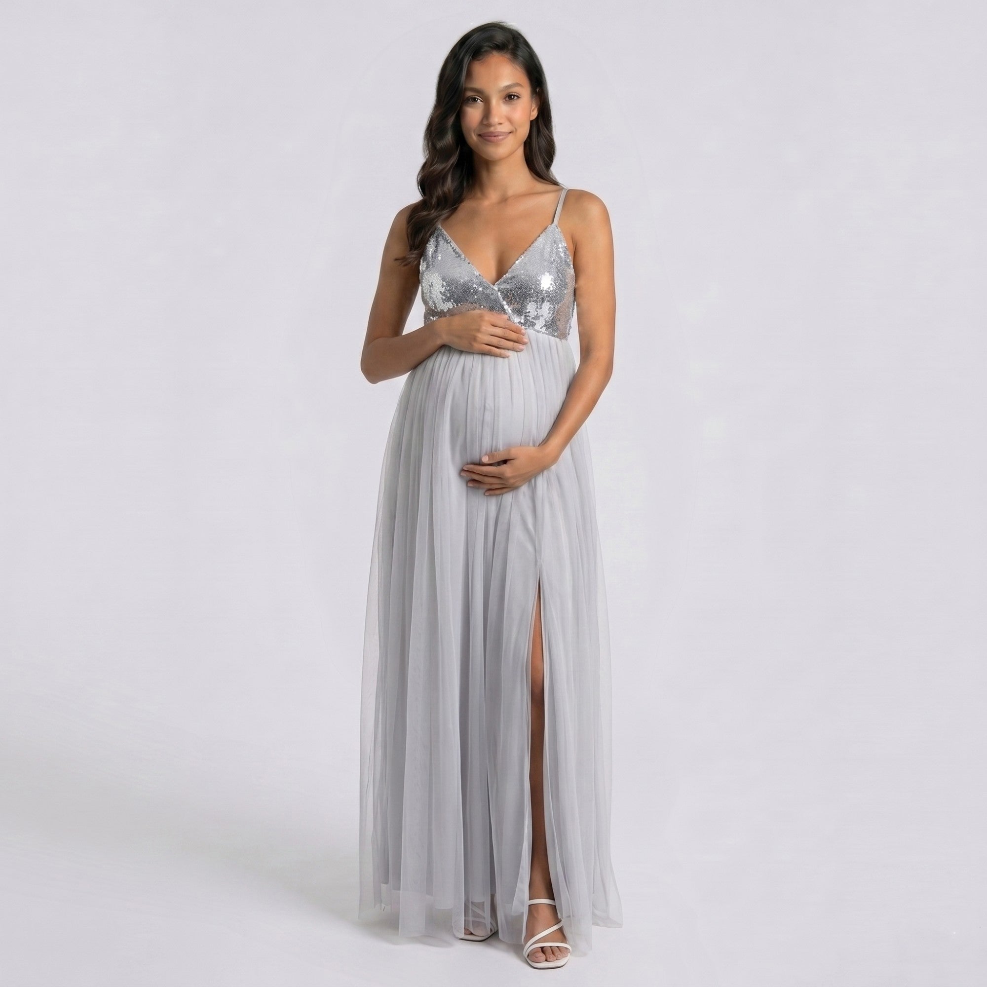Anna-Kaci Women's Sequin Bodice Maternity Maxi Dress with Tulle Skirt and Front Slit