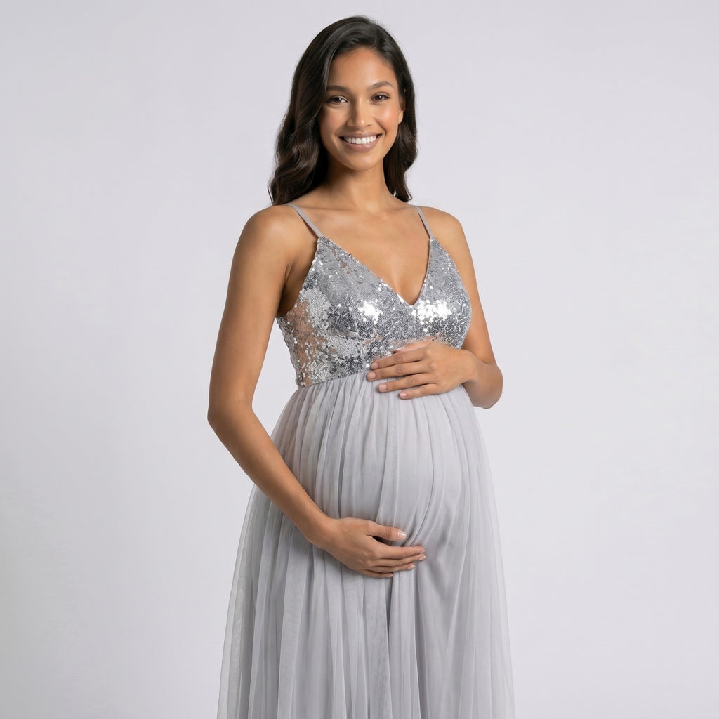Anna-Kaci Women's Sequin Bodice Maternity Maxi Dress with Tulle Skirt and Front Slit