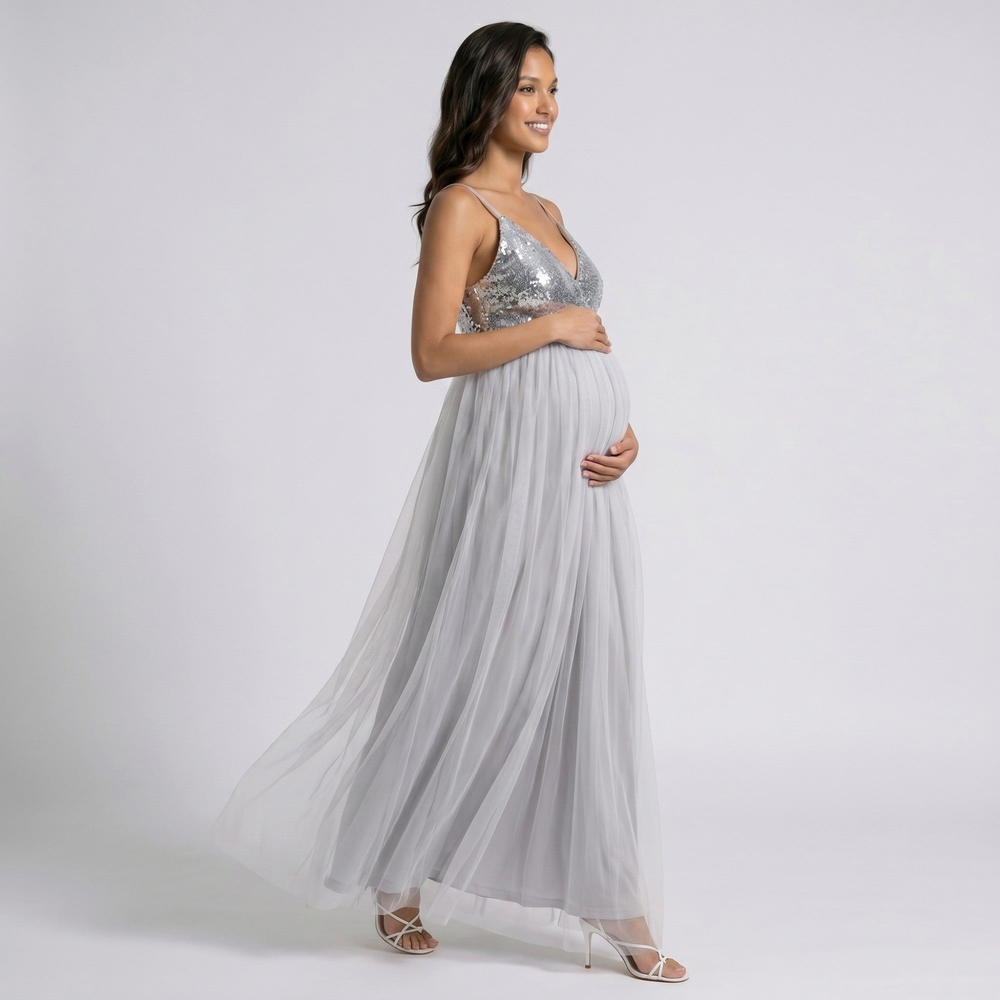 Anna-Kaci Women's Sequin Bodice Maternity Maxi Dress with Tulle Skirt and Front Slit