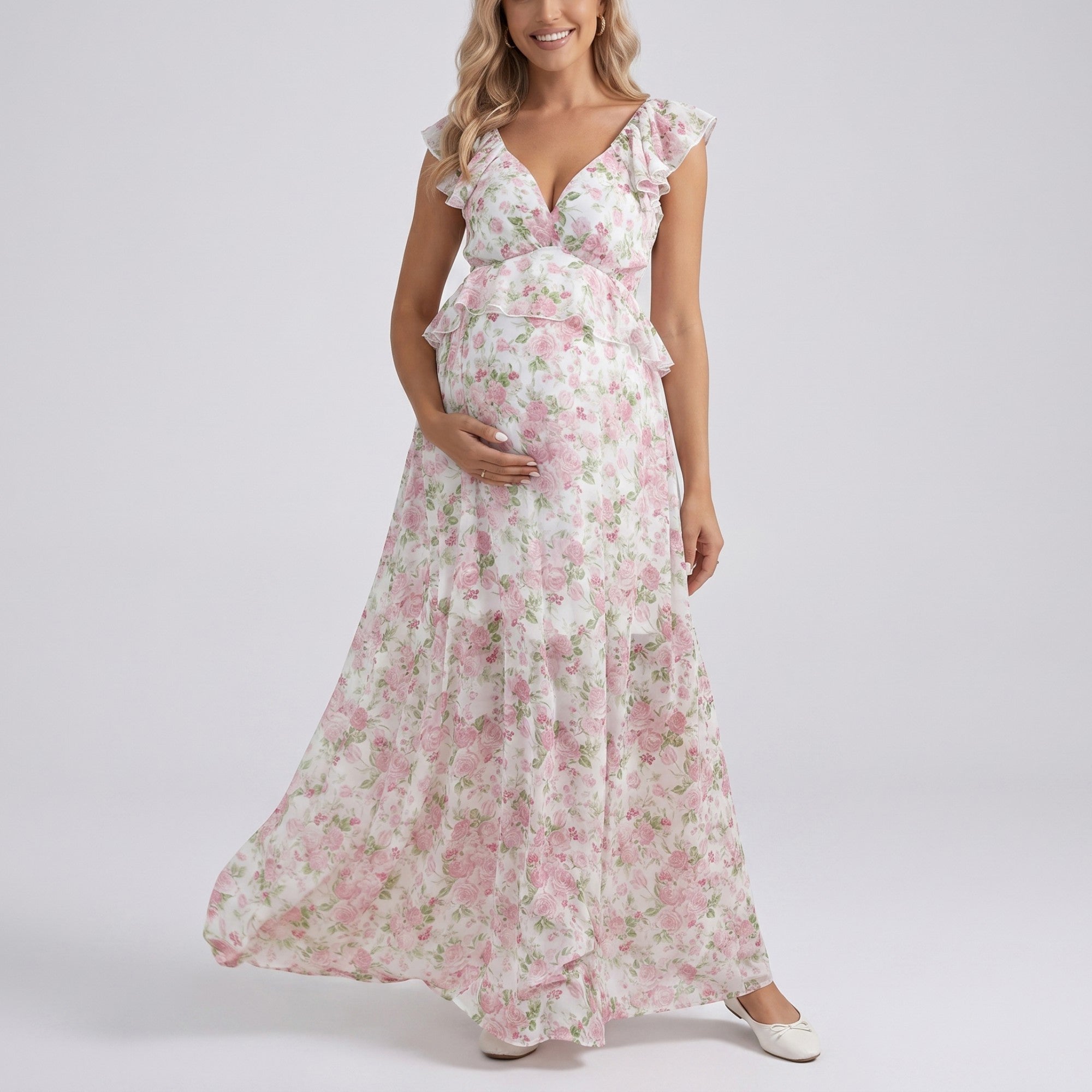 Anna-Kaci Women's Floral Maternity Maxi Dress with Ruffle Sleeves and Empire Waist