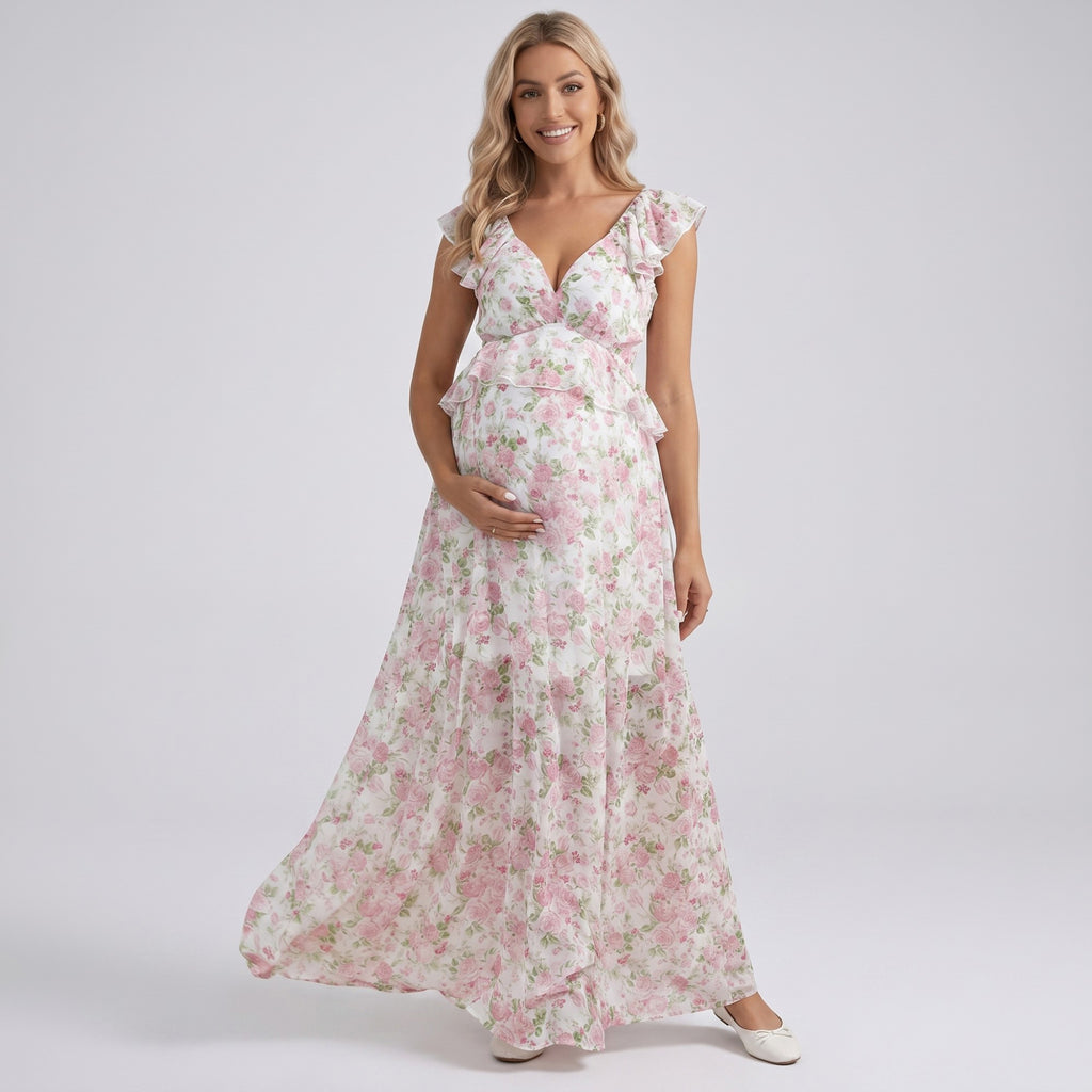 Anna-Kaci Women's Floral Maternity Maxi Dress with Ruffle Sleeves and Empire Waist