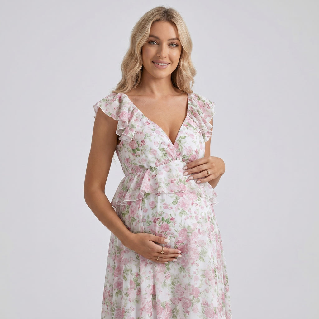 Anna-Kaci Women's Floral Maternity Maxi Dress with Ruffle Sleeves and Empire Waist