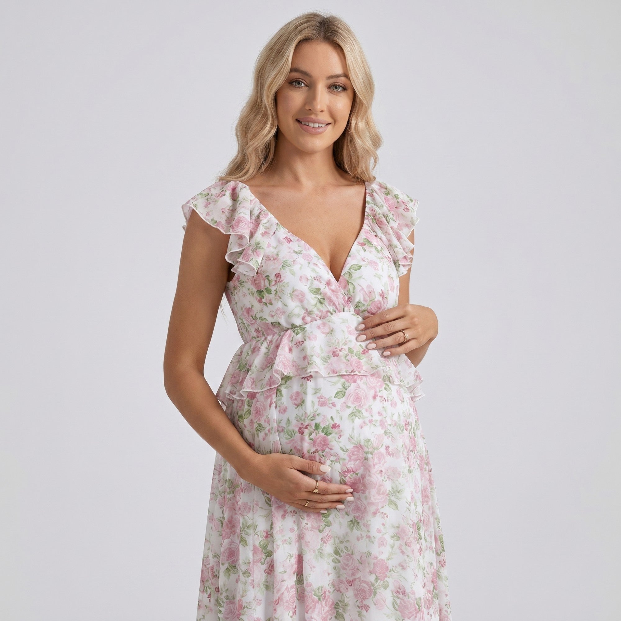 Anna-Kaci Women's Floral Maternity Maxi Dress with Ruffle Sleeves and Empire Waist