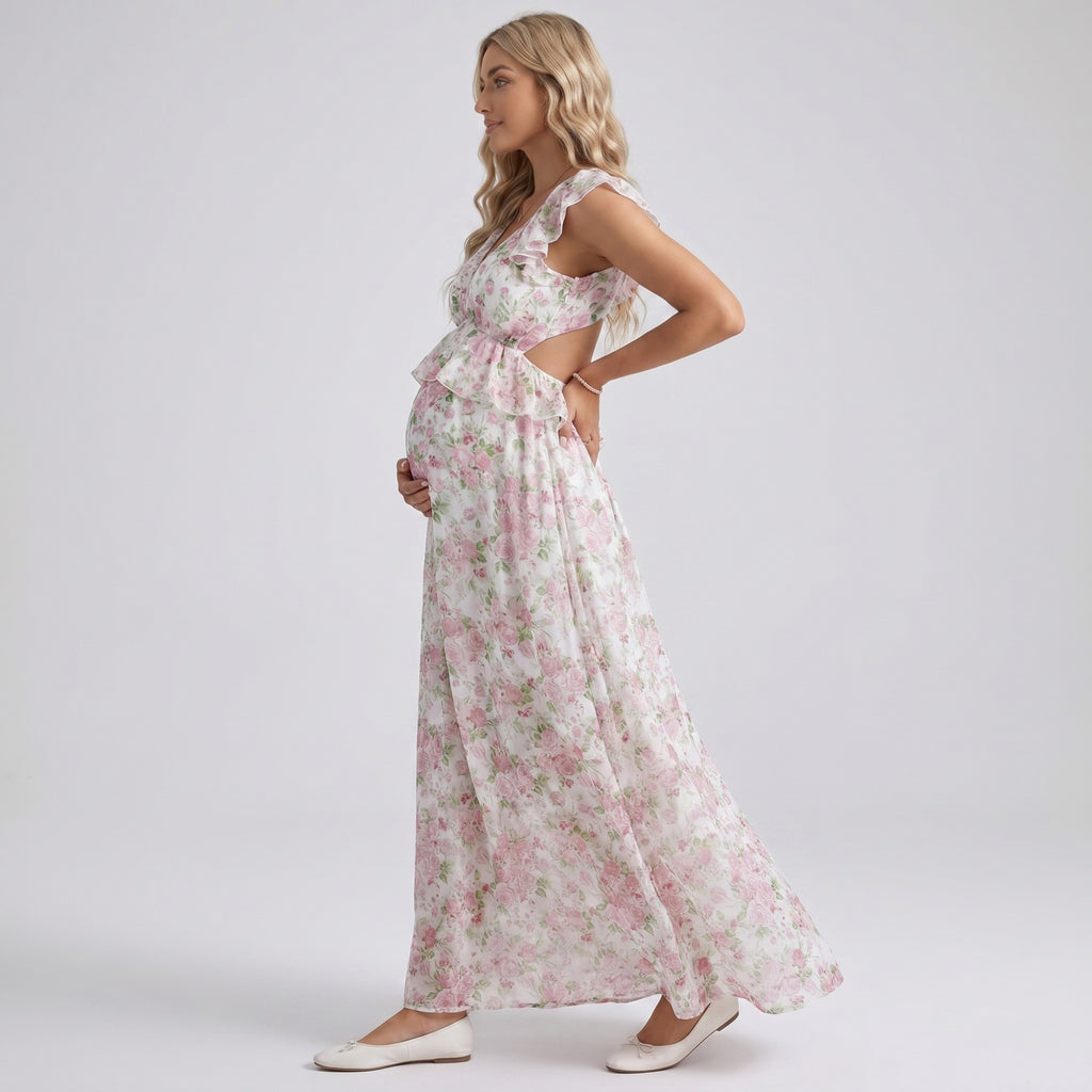 Anna-Kaci Women's Floral Maternity Maxi Dress with Ruffle Sleeves and Empire Waist
