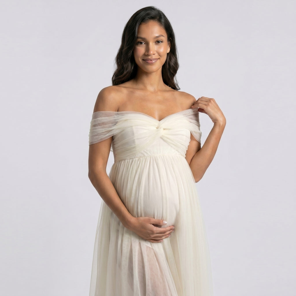 Anna-Kaci Women's Off Shoulder Maternity Maxi Dress with Ruched Bodice and Front Slit