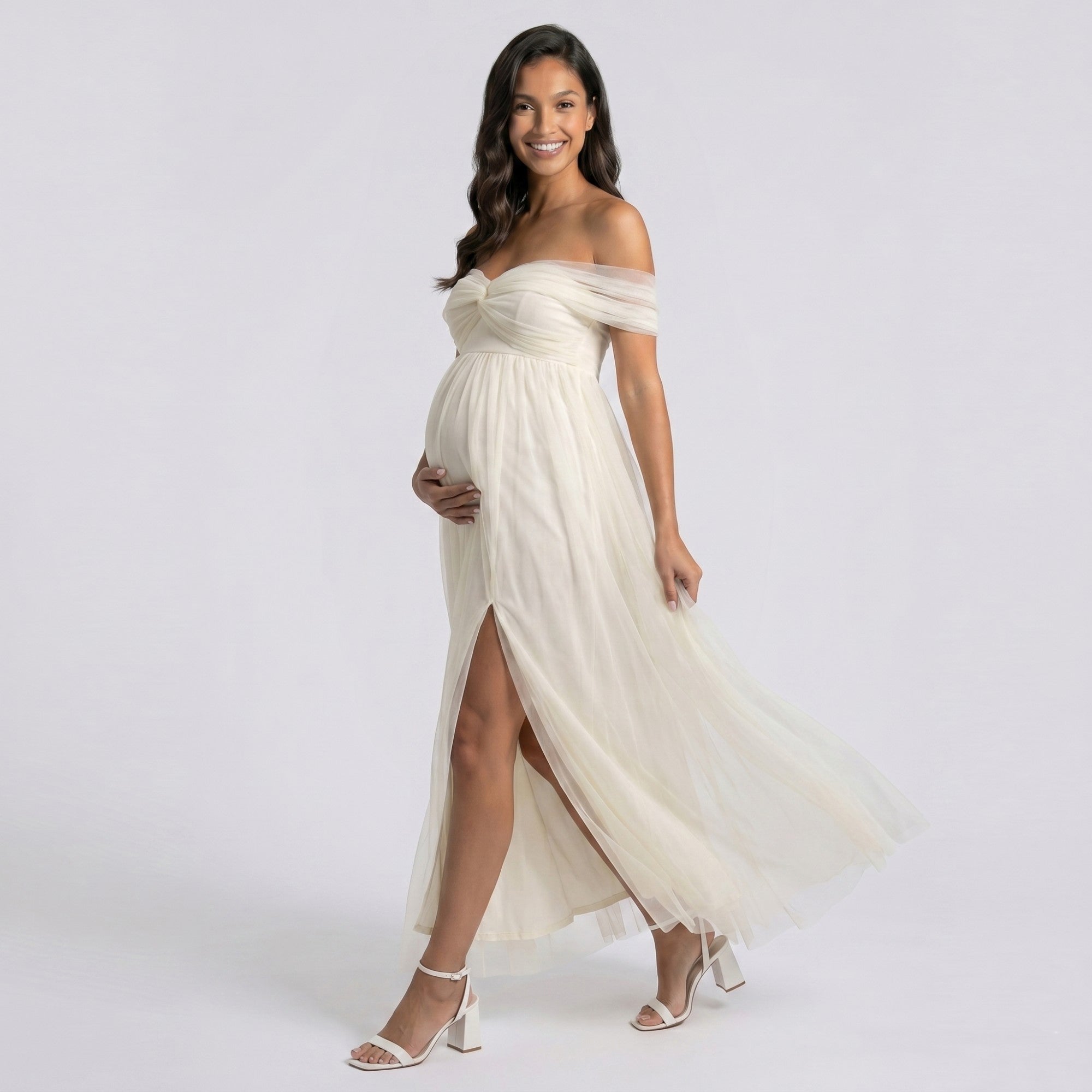 Anna-Kaci Women's Off Shoulder Maternity Maxi Dress with Ruched Bodice and Front Slit