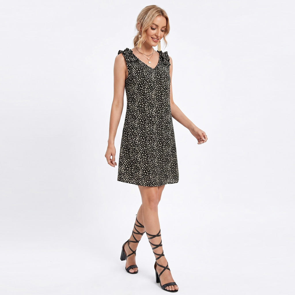 Anna-Kaci Women's Sleeveless V Neck Mini Dress with Ruffle Shoulder Detail and Flowy Fit