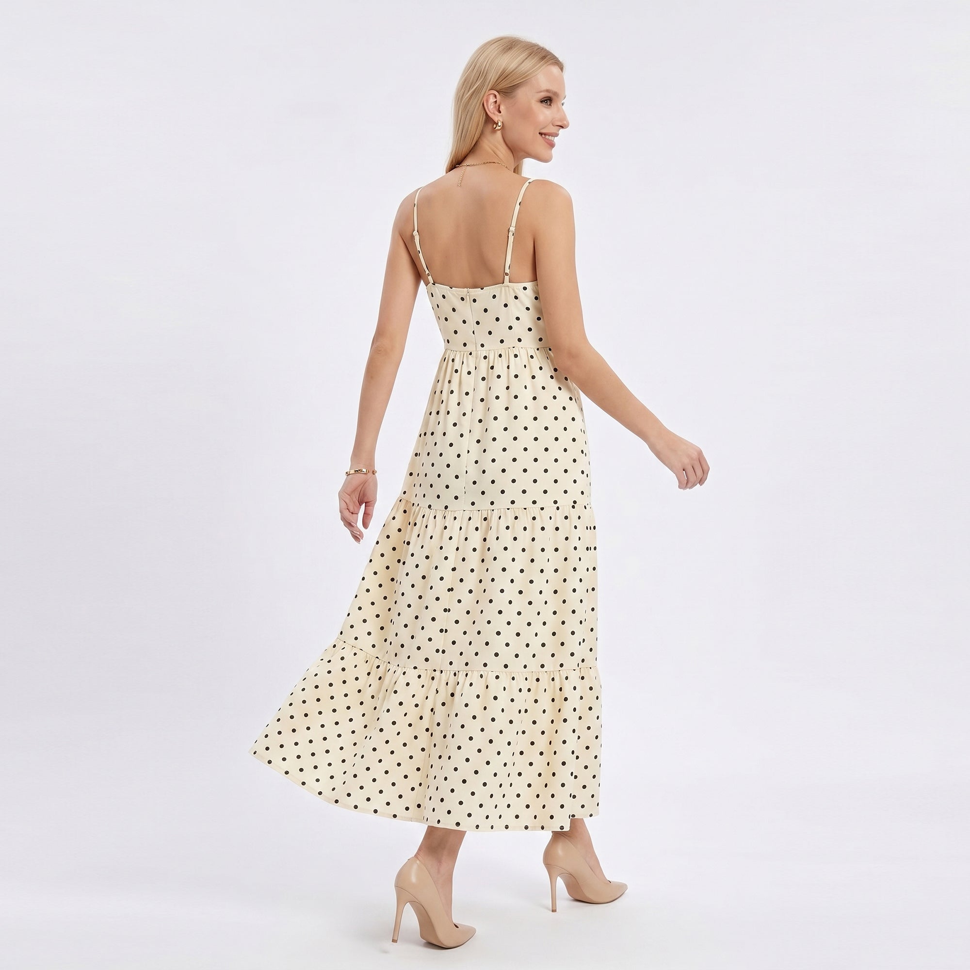 Anna-Kaci Women's Polka Dot Maxi Dress with Tie Front Cutout and Tiered Skirt