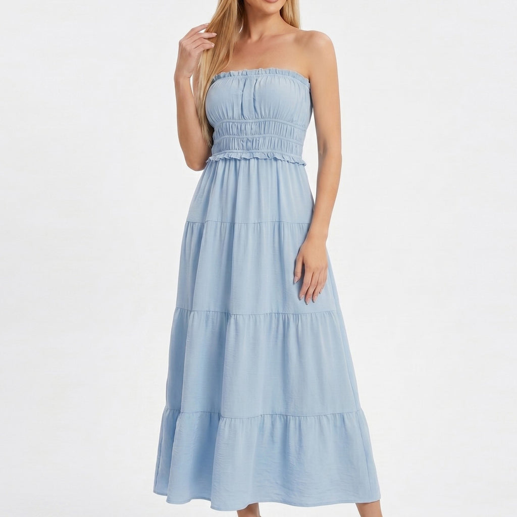 Anna-Kaci Women's Strapless Smocked Maxi Dress with Tiered Skirt and Ruffle Trim