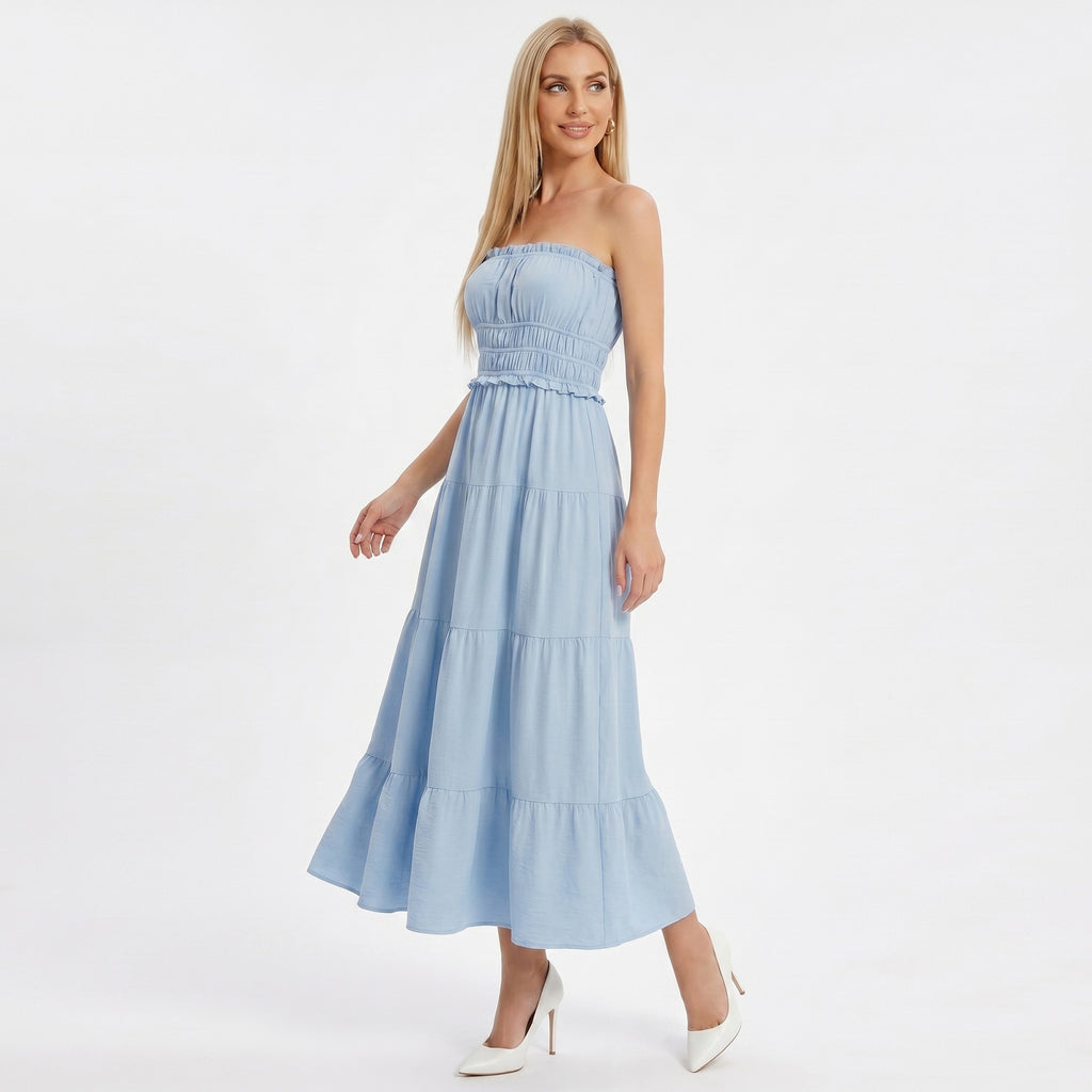 Anna-Kaci Women's Strapless Smocked Maxi Dress with Tiered Skirt and Ruffle Trim
