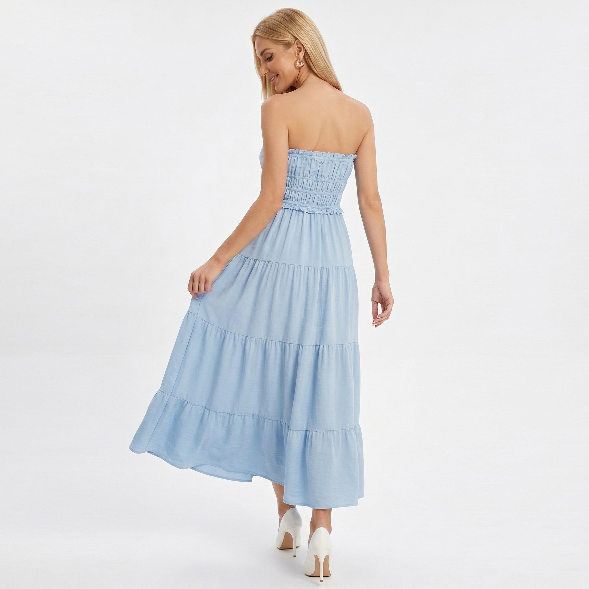 Anna-Kaci Women's Strapless Smocked Maxi Dress with Tiered Skirt and Ruffle Trim