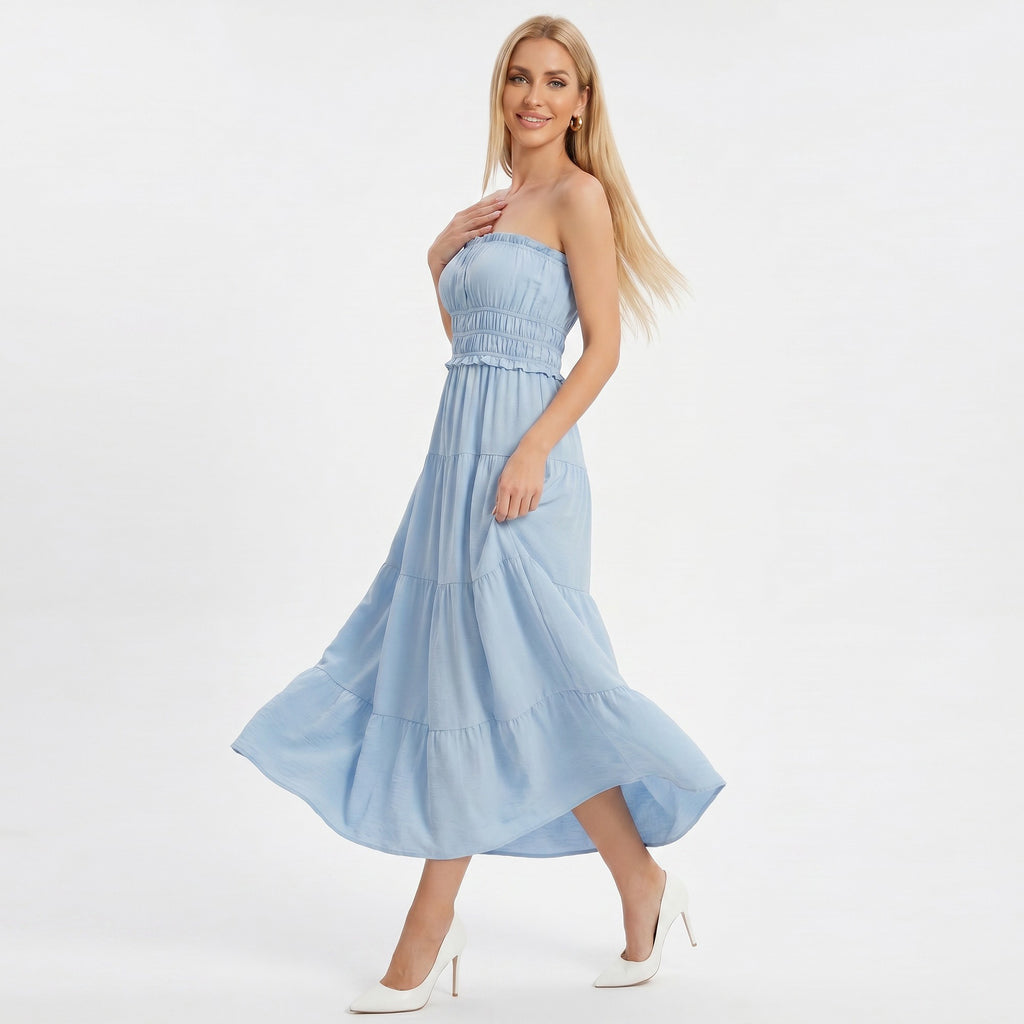 Anna-Kaci Women's Strapless Smocked Maxi Dress with Tiered Skirt and Ruffle Trim