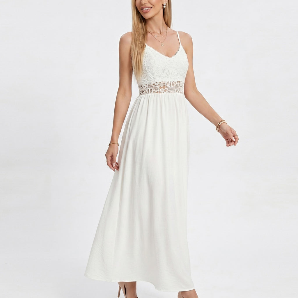Anna-Kaci Women's Lace Bodice Maxi Dress with Spaghetti Straps and Flowy Skirt