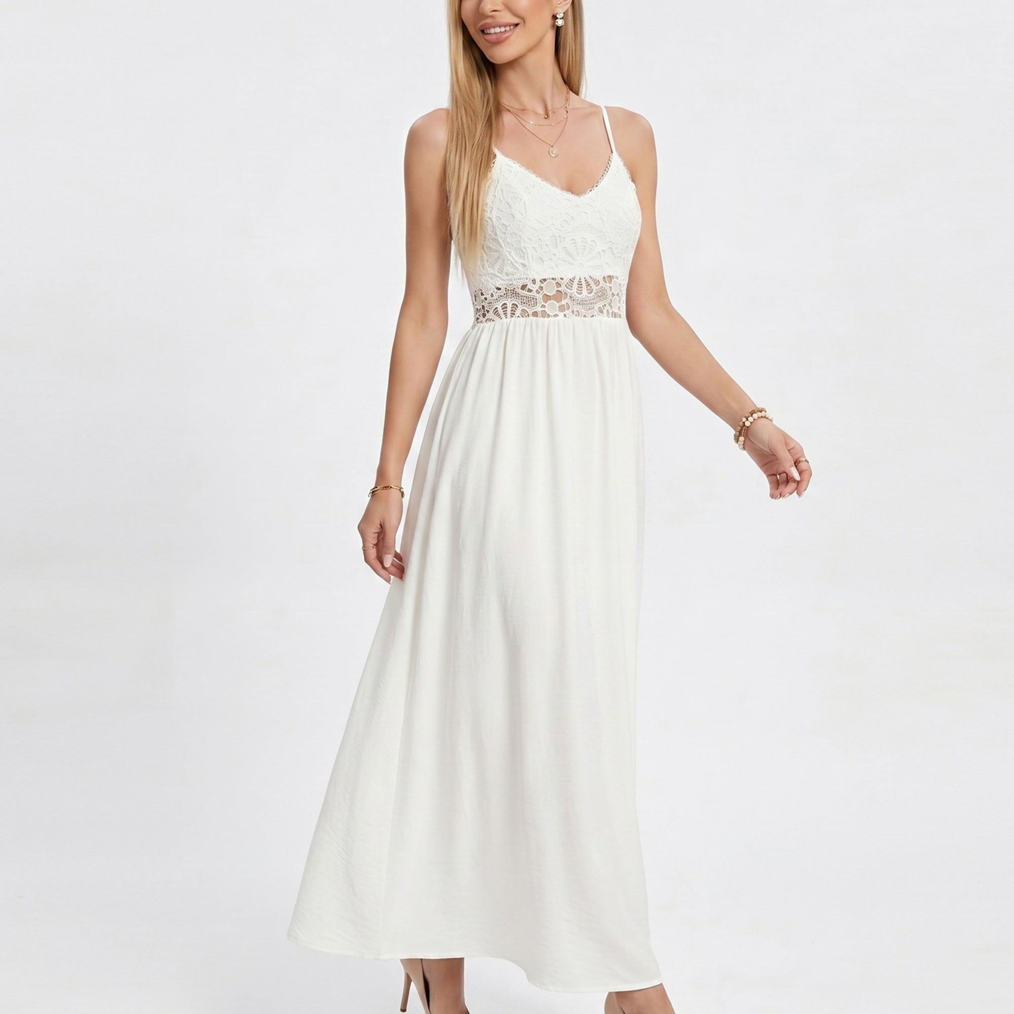 Anna-Kaci Women's Lace Bodice Maxi Dress with Spaghetti Straps and Flowy Skirt