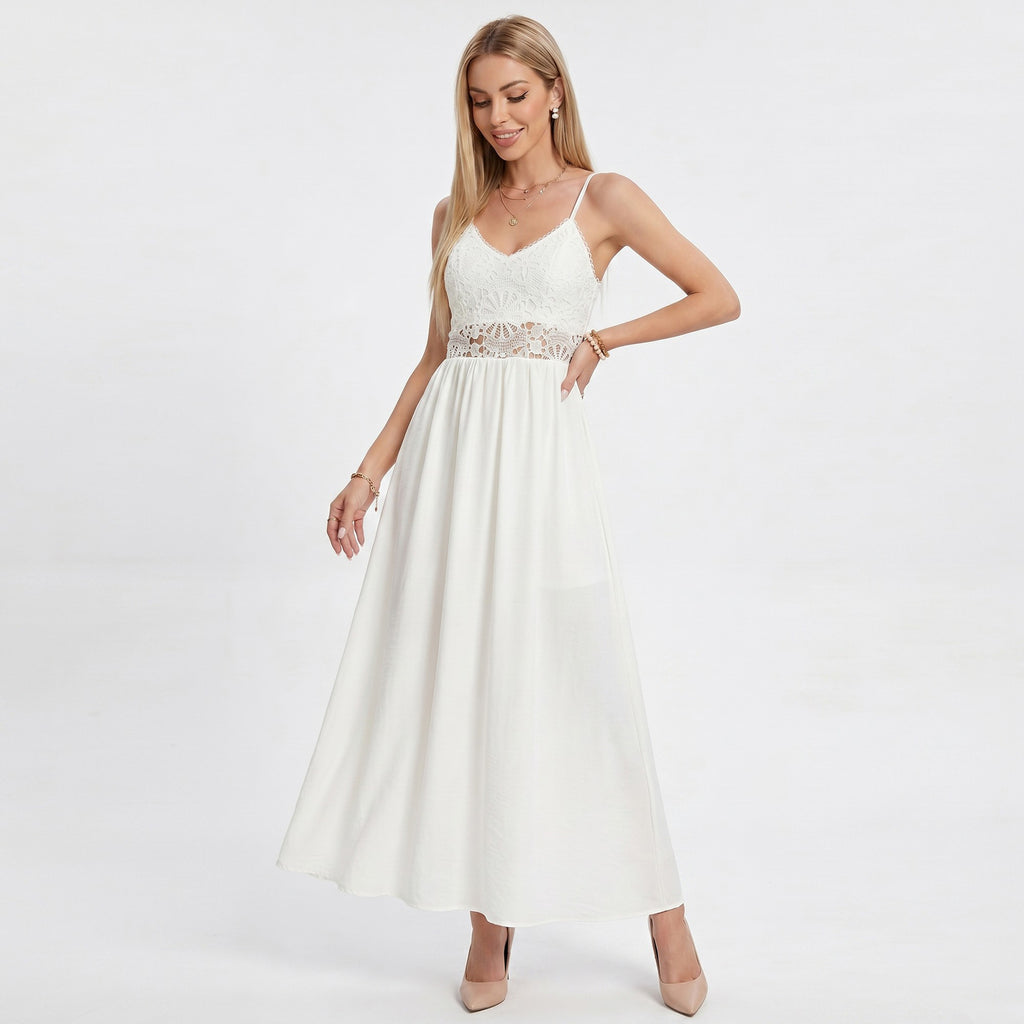 Anna-Kaci Women's Lace Bodice Maxi Dress with Spaghetti Straps and Flowy Skirt