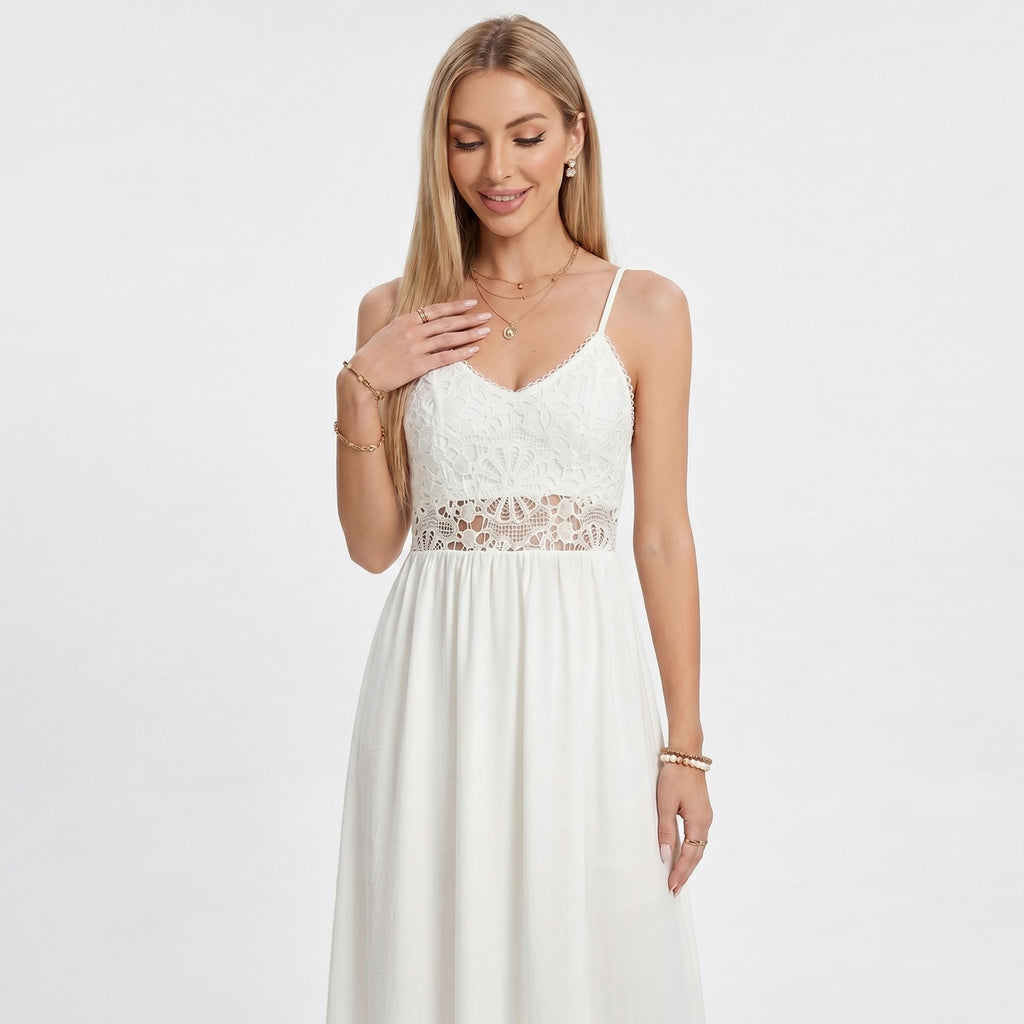 Anna-Kaci Women's Lace Bodice Maxi Dress with Spaghetti Straps and Flowy Skirt