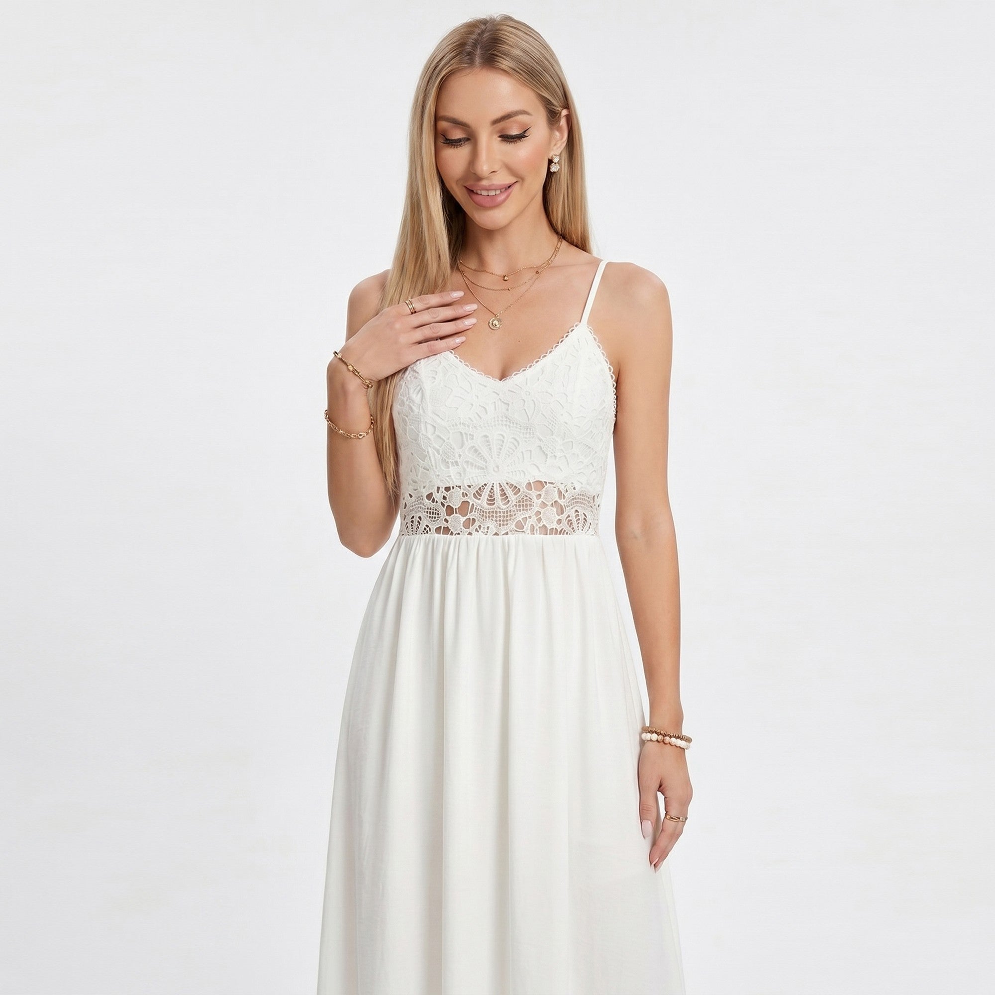 Anna-Kaci Women's Lace Bodice Maxi Dress with Spaghetti Straps and Flowy Skirt
