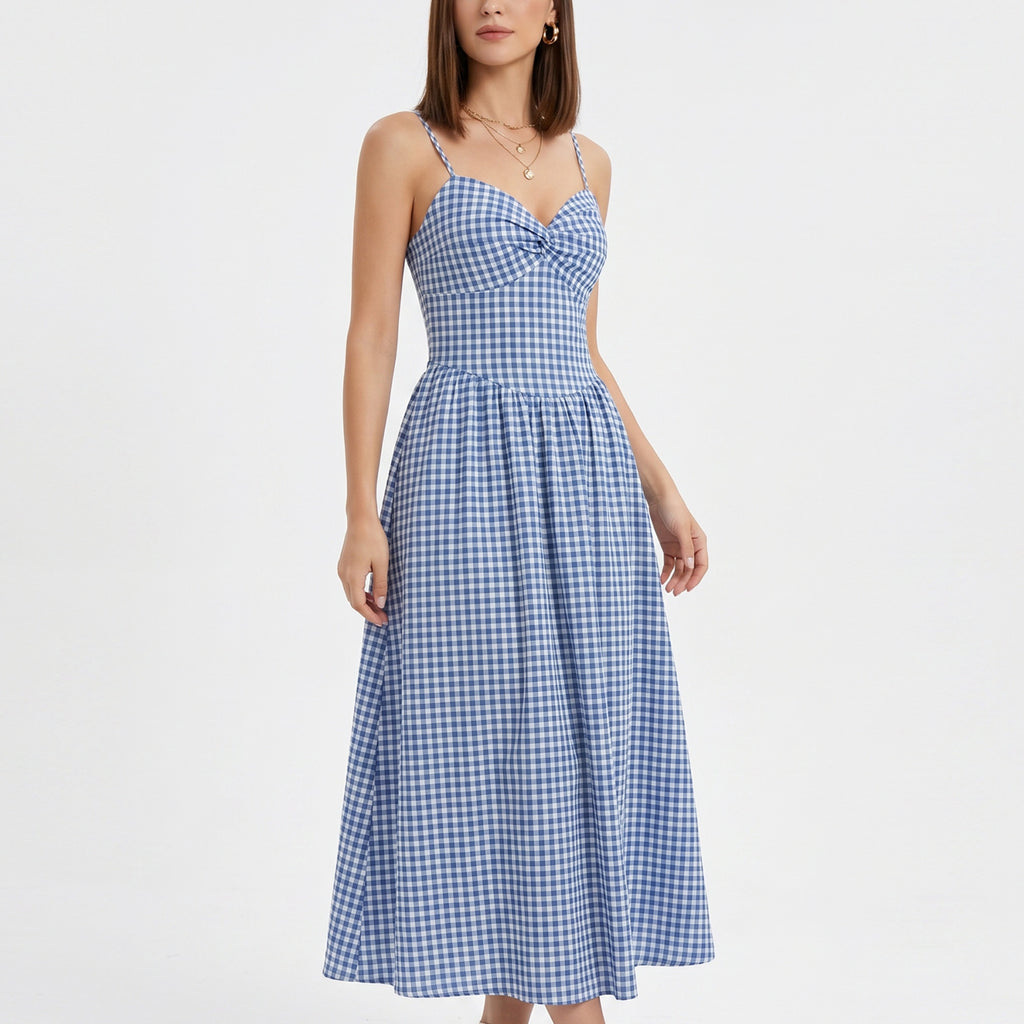 Anna-Kaci Women's Gingham Midi Dress with Twist Front Bodice and Spaghetti Straps