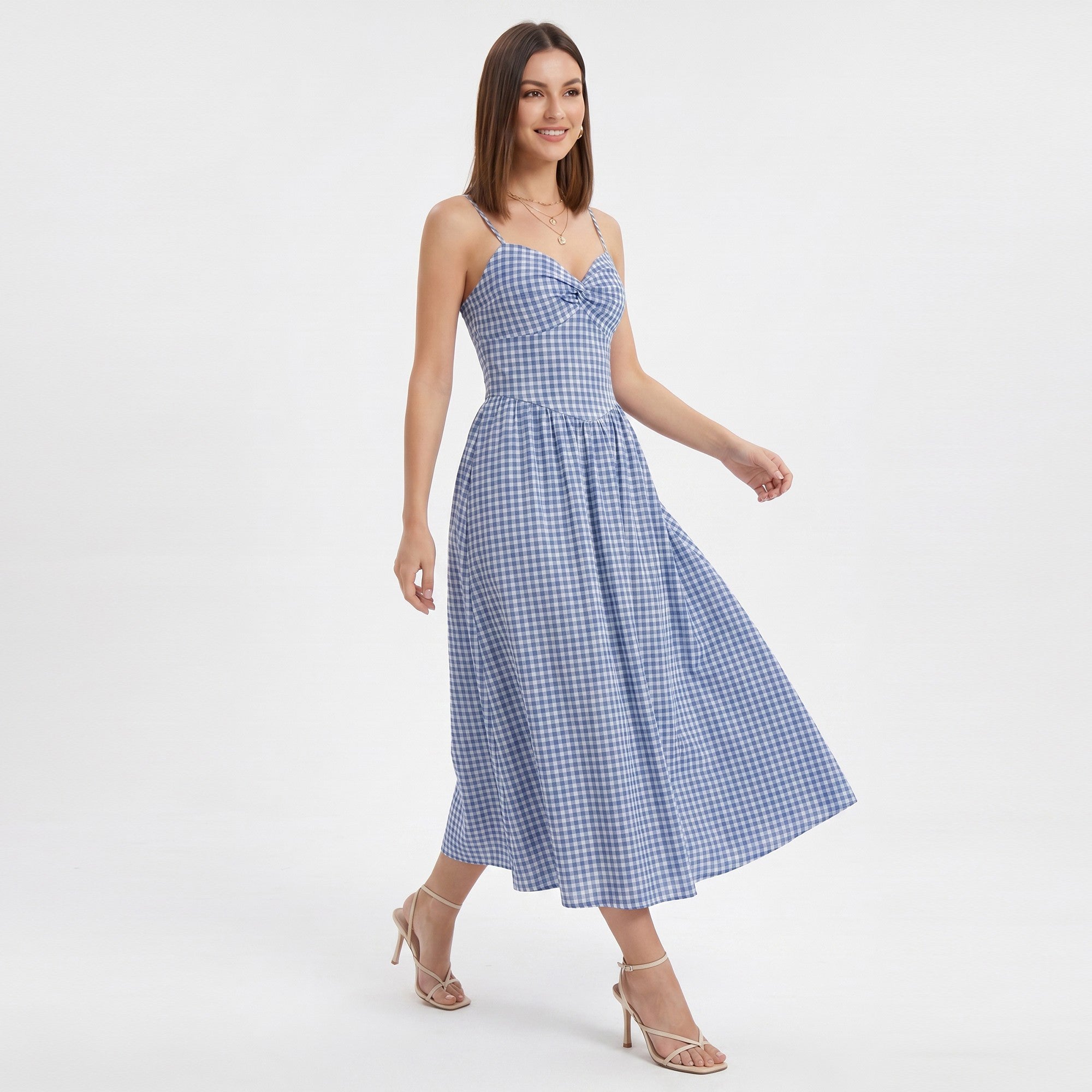 Anna-Kaci Women's Gingham Midi Dress with Twist Front Bodice and Spaghetti Straps