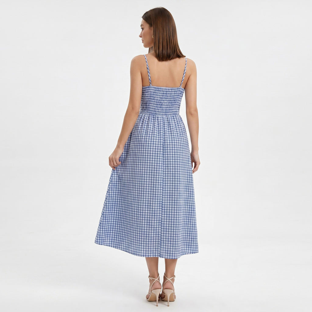 Anna-Kaci Women's Gingham Midi Dress with Twist Front Bodice and Spaghetti Straps