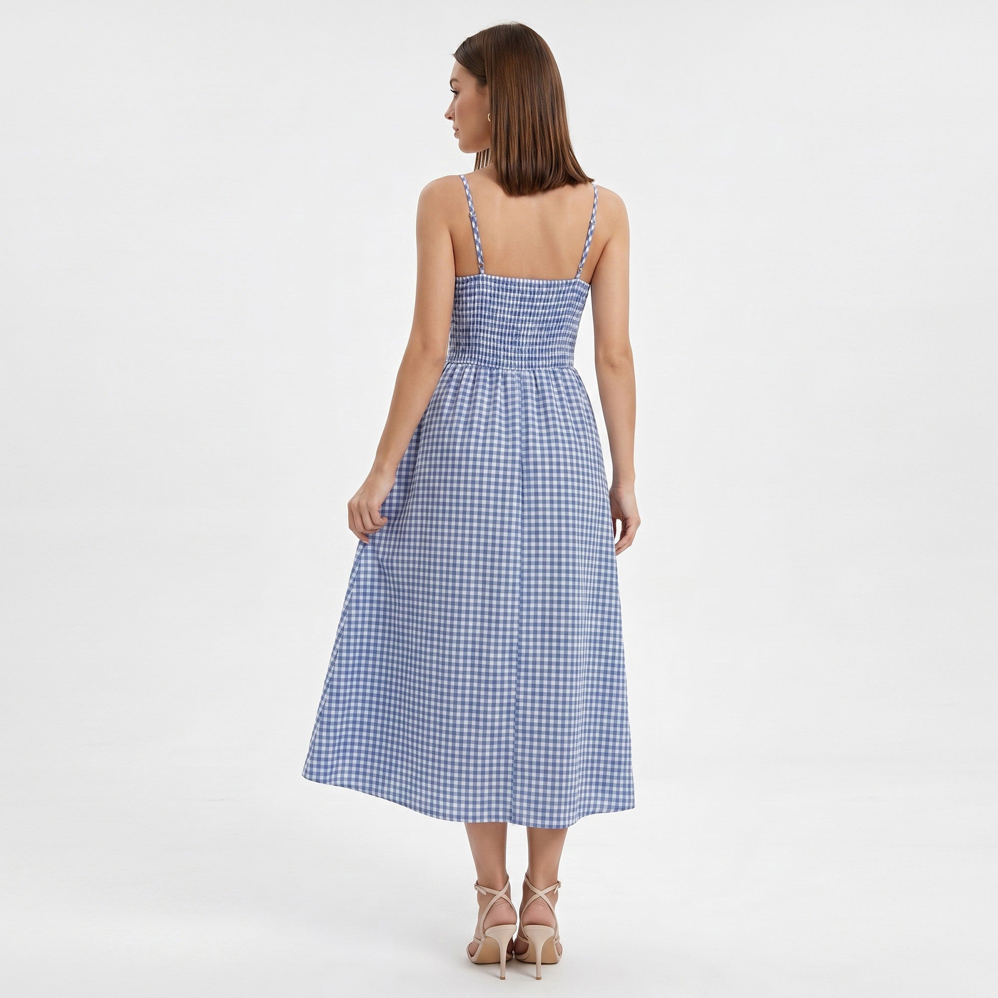 Anna-Kaci Women's Gingham Midi Dress with Twist Front Bodice and Spaghetti Straps