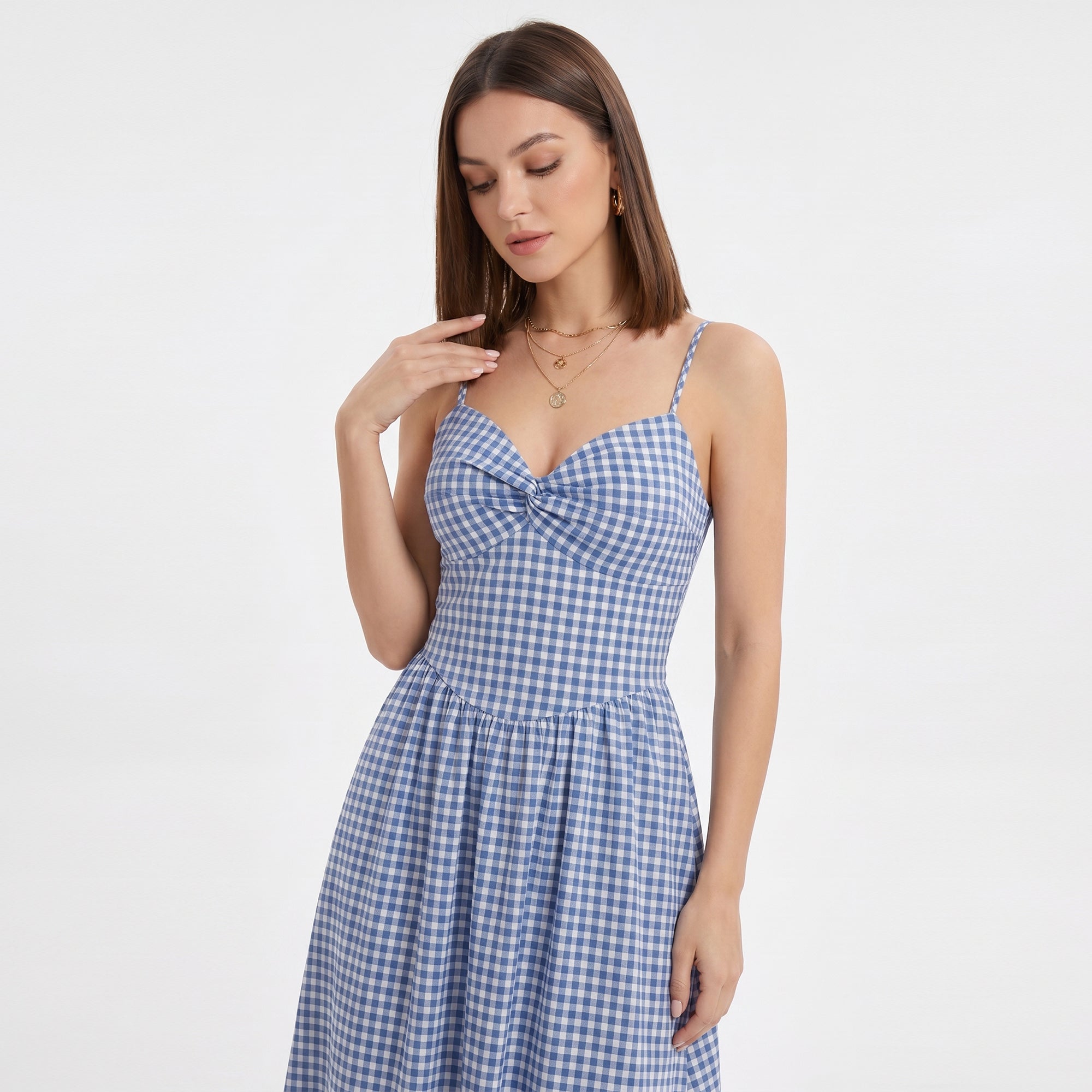 Anna-Kaci Women's Gingham Midi Dress with Twist Front Bodice and Spaghetti Straps