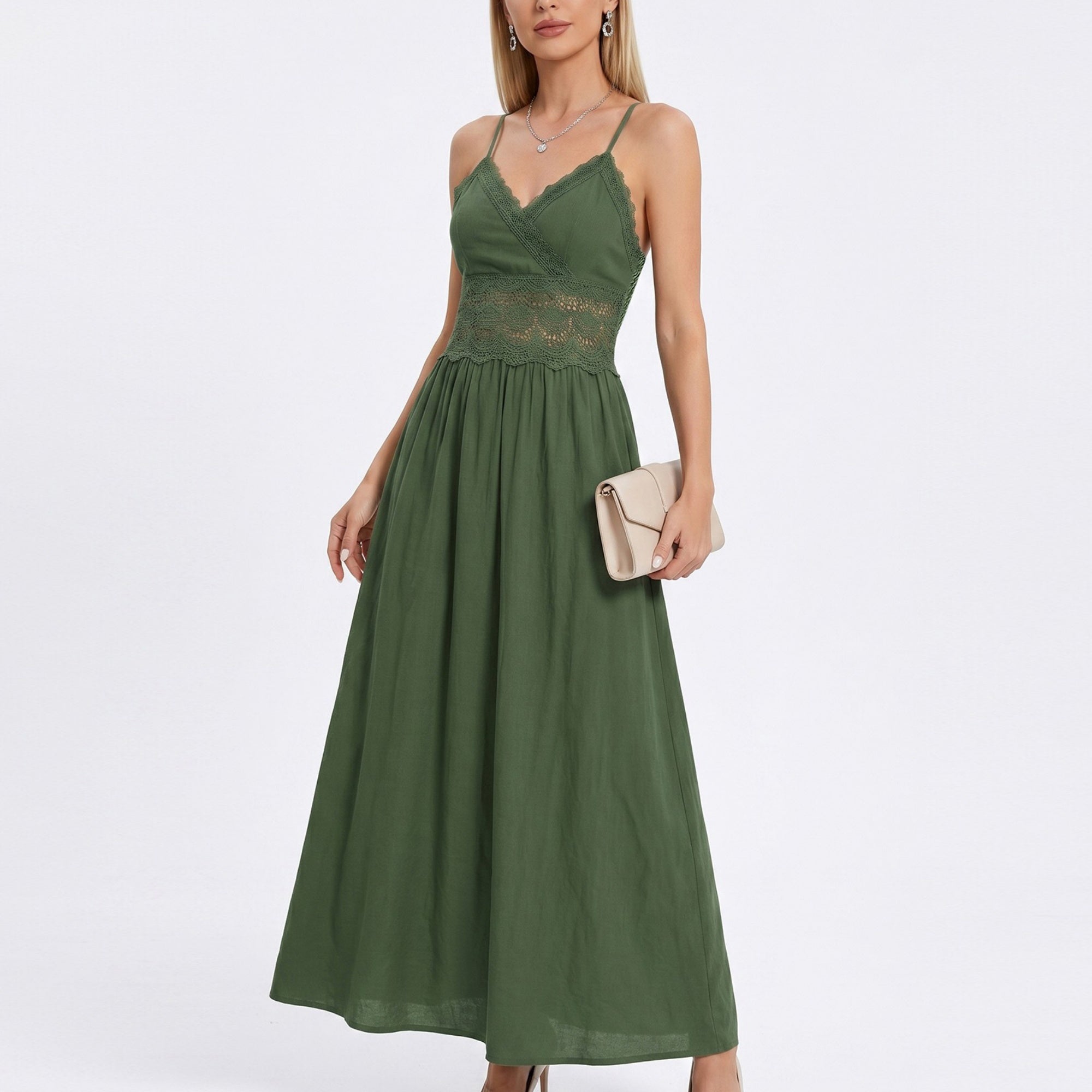 Anna-Kaci Women's Lace Waist Maxi Dress with Spaghetti Straps and Surplice V Neck Bodice