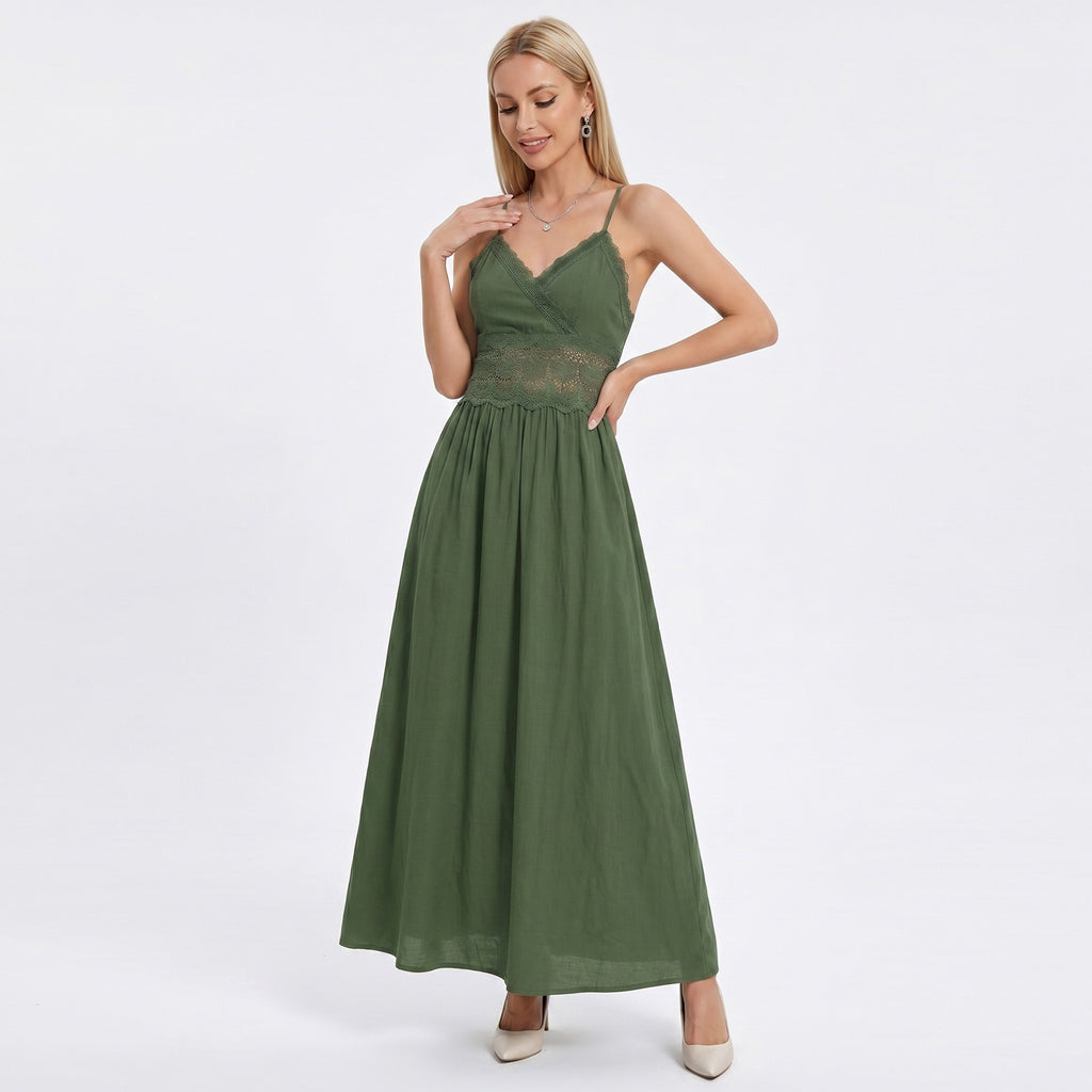 Anna-Kaci Women's Lace Waist Maxi Dress with Spaghetti Straps and Surplice V Neck Bodice