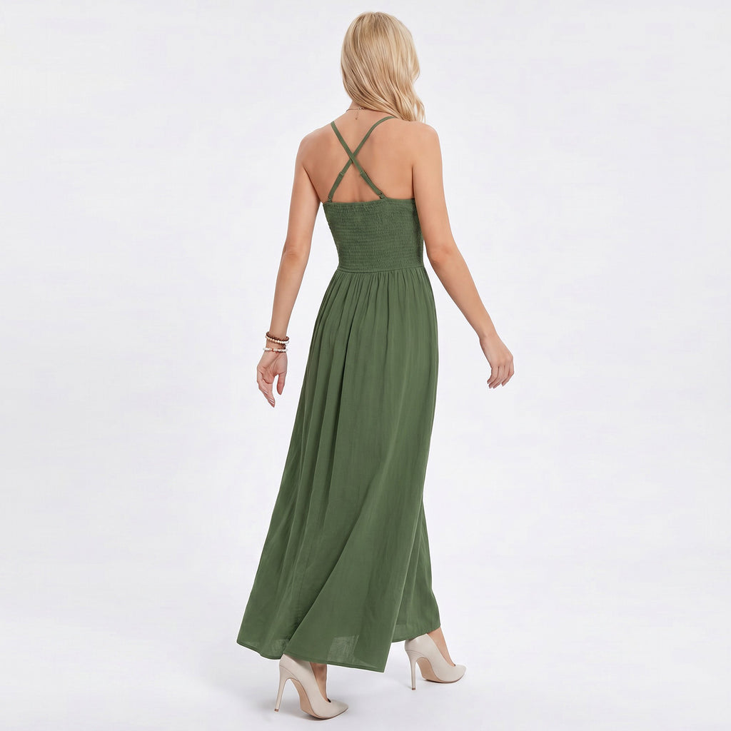 Anna-Kaci Women's Lace Waist Maxi Dress with Spaghetti Straps and Surplice V Neck Bodice