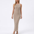 Anna-Kaci Women's Striped Halter Maxi Dress with Open Back Tie Detail and Fitted Knit Silhouette