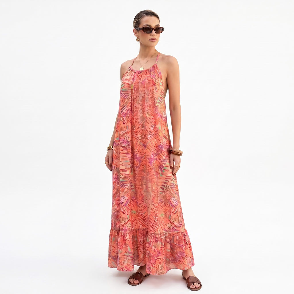 Anna-Kaci Women's Halter Maxi Dress with Open Back Tie Detail and Ruffle Hem