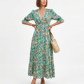 Anna-Kaci Women's Printed Midi Dress with V Neckline Smocked Waist and Tiered Skirt