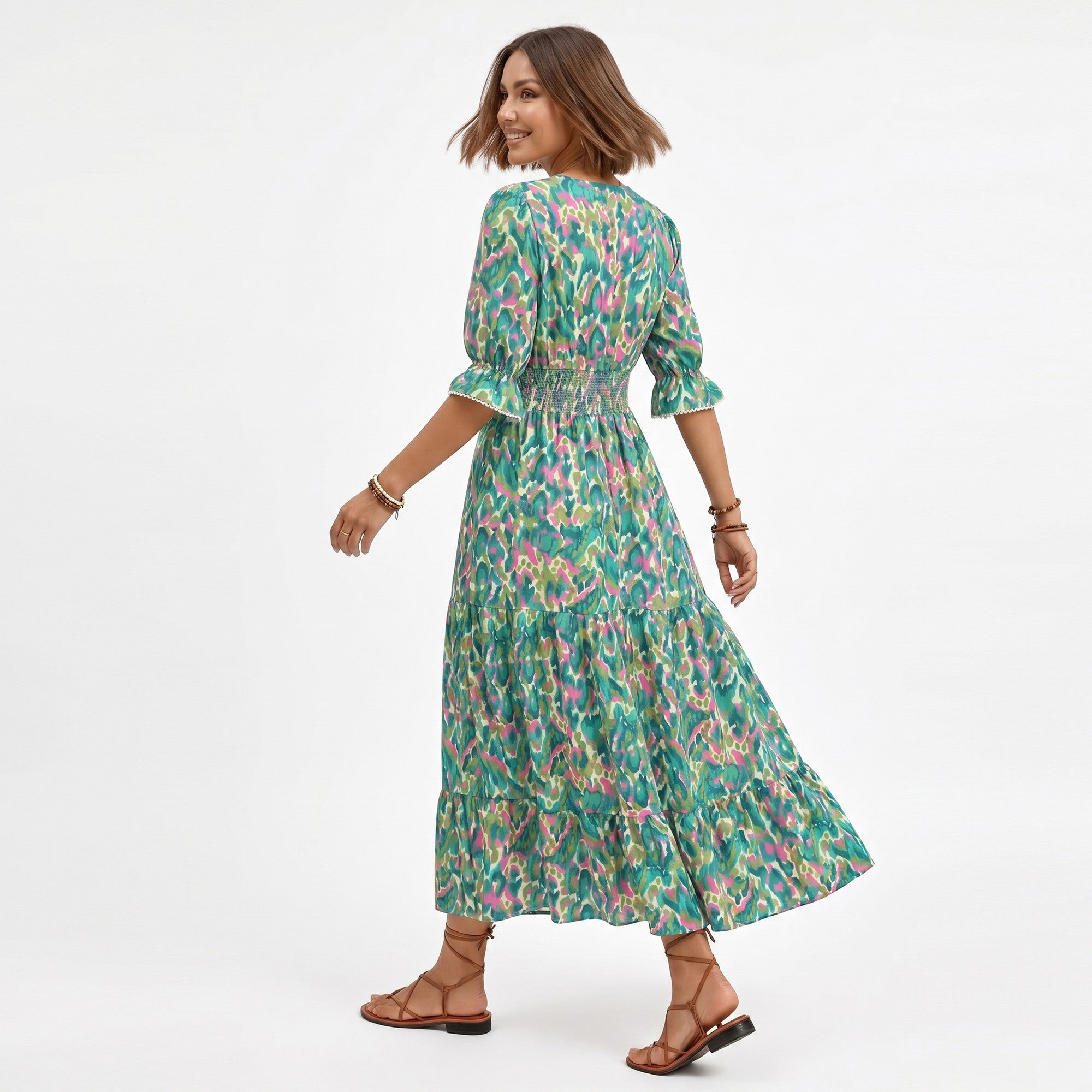 Anna-Kaci Women's Printed Midi Dress with V Neckline Smocked Waist and Tiered Skirt
