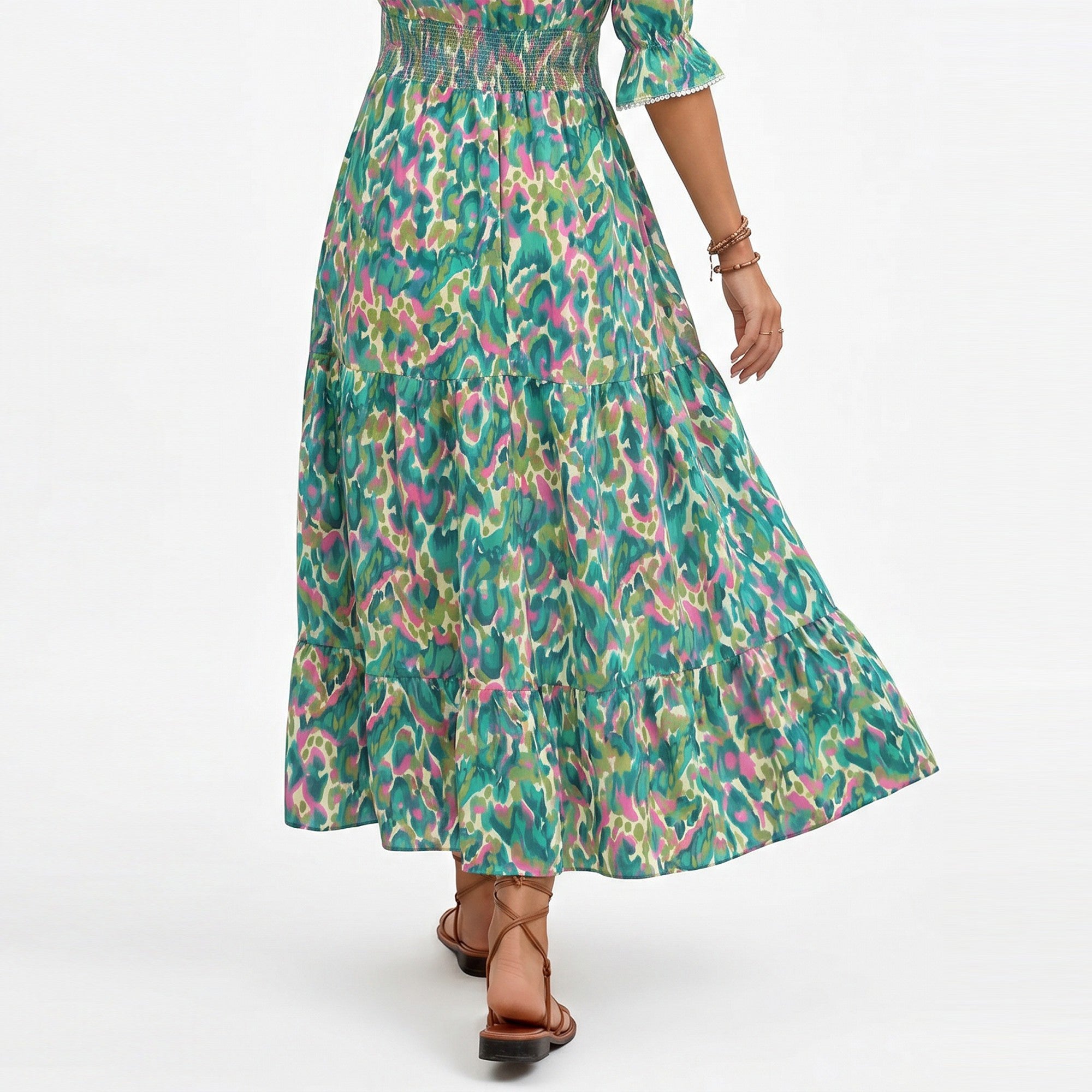 Anna-Kaci Women's Printed Midi Dress with V Neckline Smocked Waist and Tiered Skirt