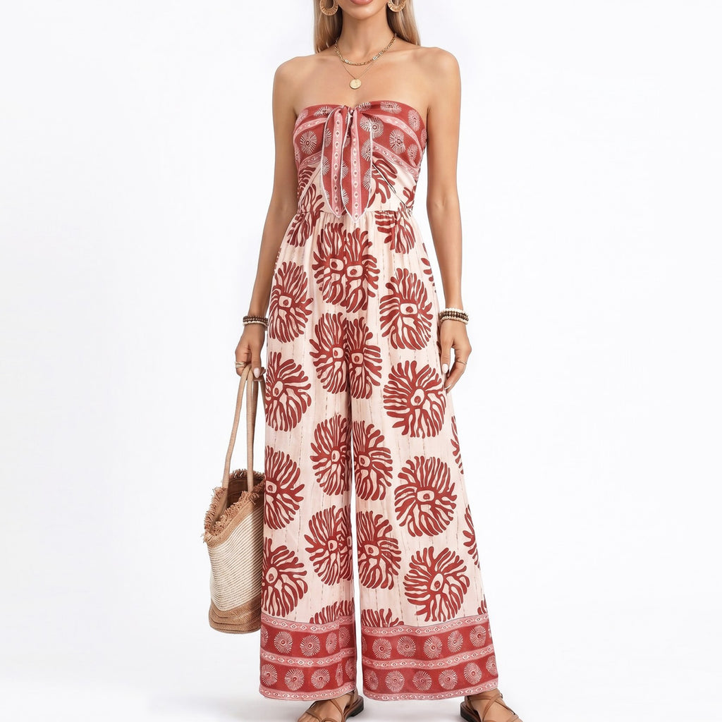 Anna-Kaci Women's Strapless Wide Leg Jumpsuit with Tie Front Bodice and Printed Design