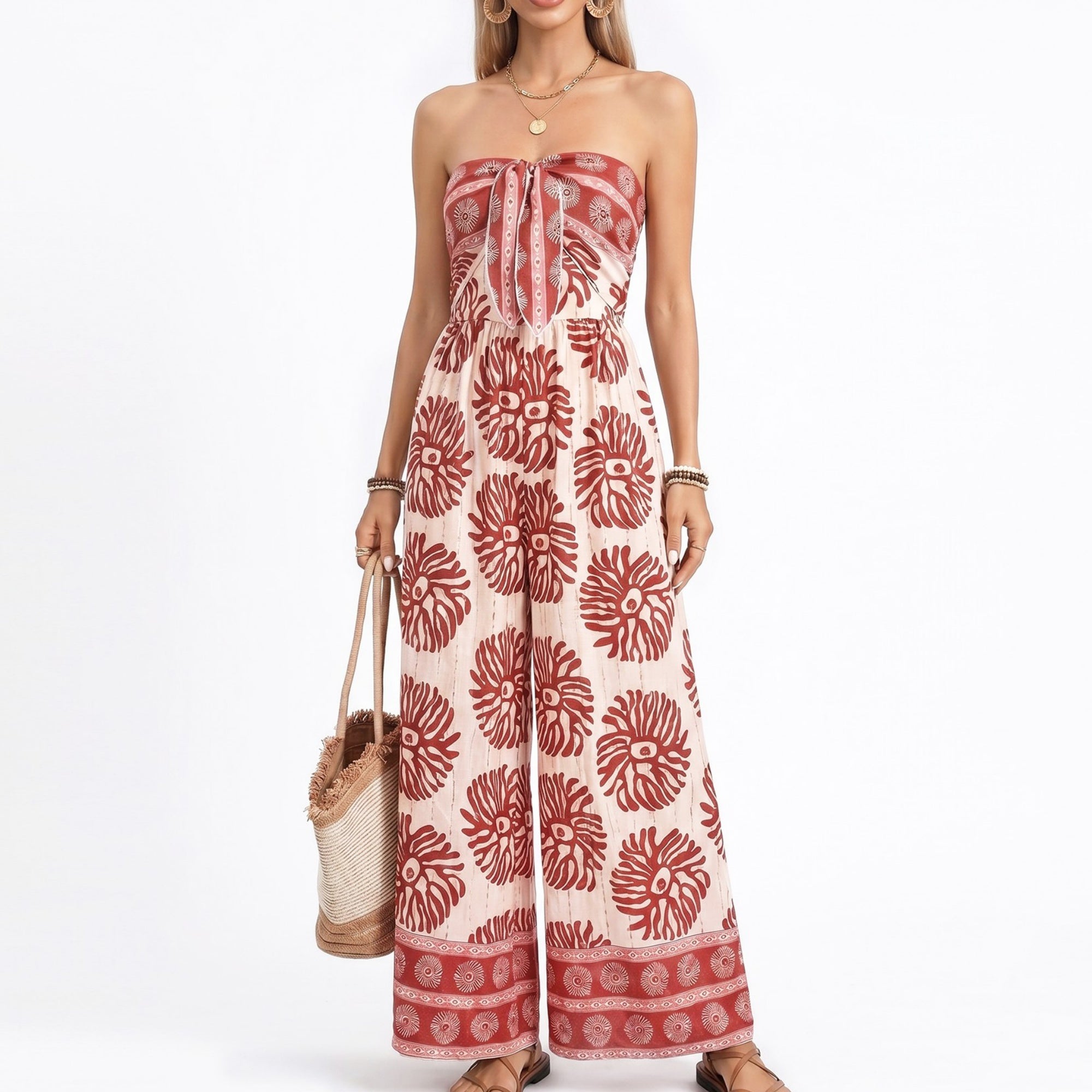 Anna-Kaci Women's Strapless Wide Leg Jumpsuit with Tie Front Bodice and Printed Design