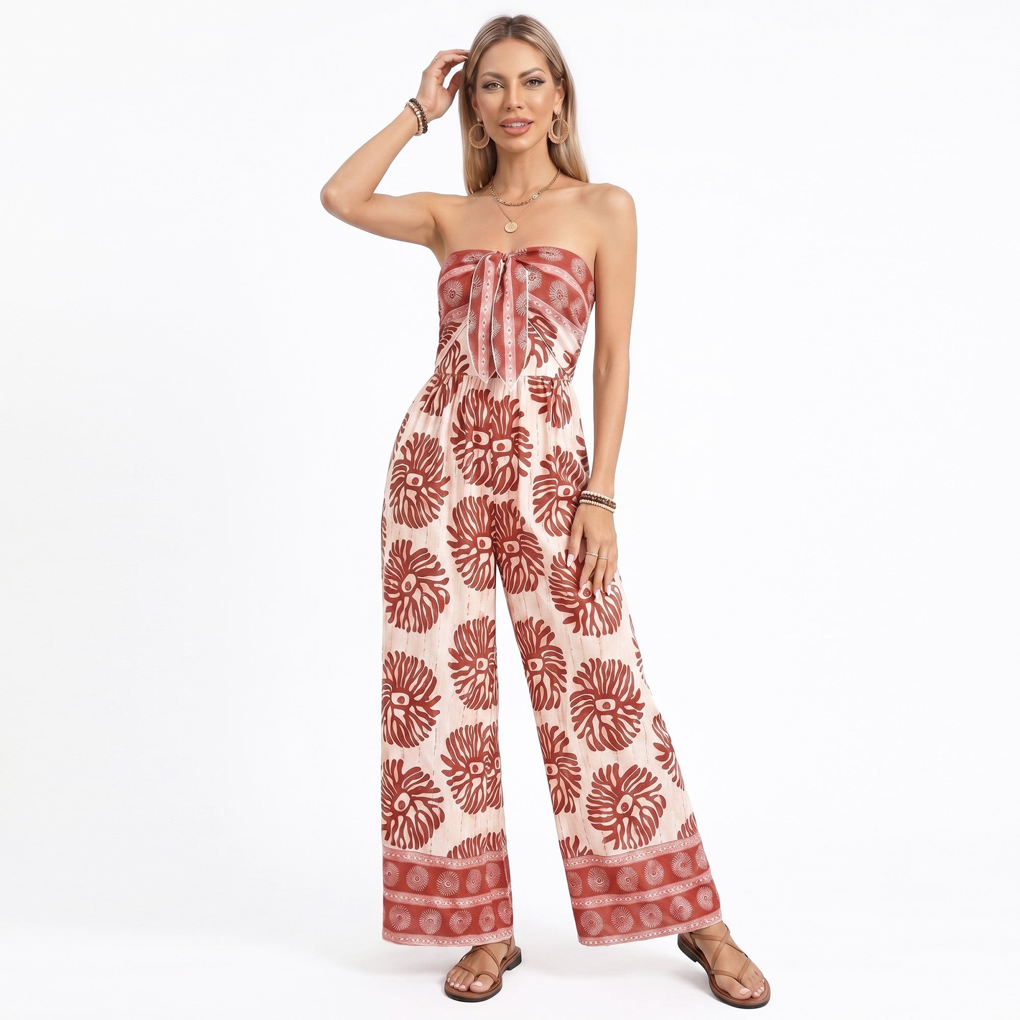 Anna-Kaci Women's Strapless Wide Leg Jumpsuit with Tie Front Bodice and Printed Design
