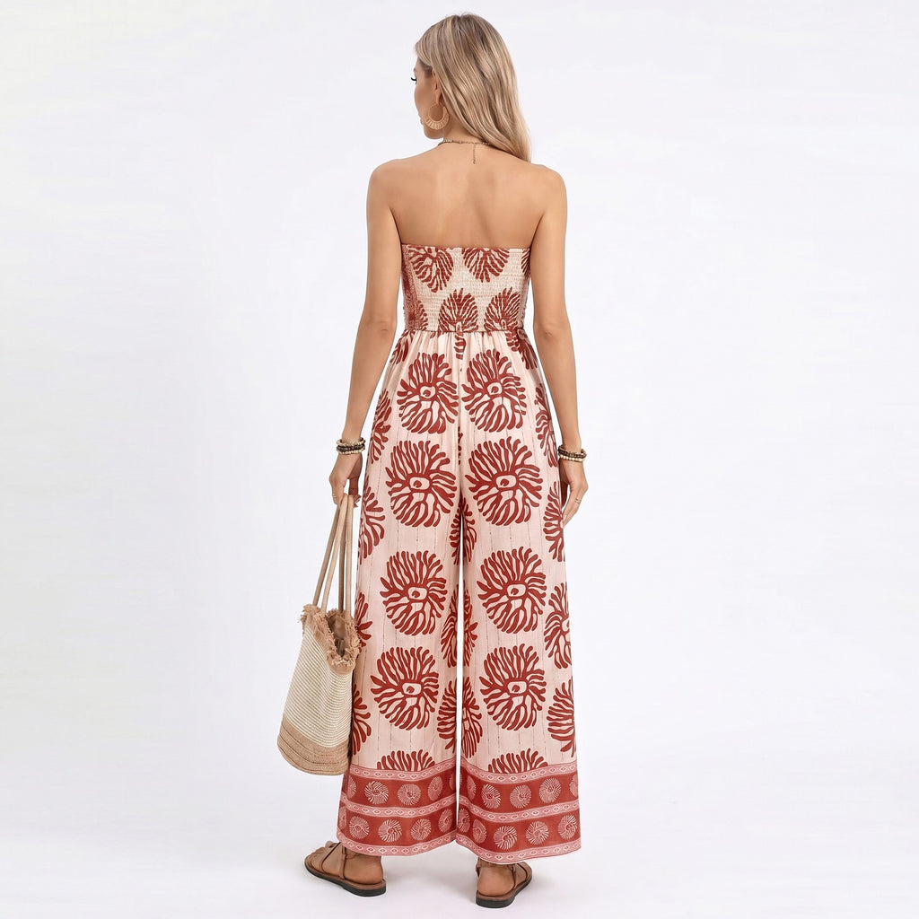 Anna-Kaci Women's Strapless Wide Leg Jumpsuit with Tie Front Bodice and Printed Design